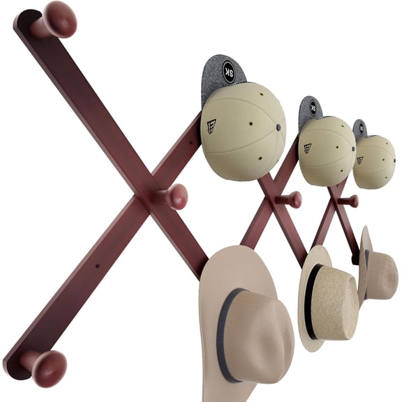Large Hat Rack for Wall, Wooden Accordion Wall Hanger, Modern, Expandable Coat Hooks, Hat Display Rack for Home, Office, and Studio, 11 Peg, Cherry Red