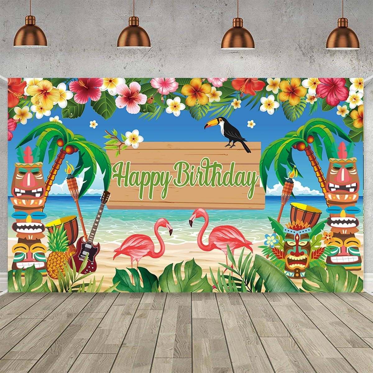 Large Hawaiian Luau Happy Birthday Backdrop Banner, Summer Floral Tropical Flamingo Birthday Sign with 70.8''X43.3'', Hawaii Theme Photograph Background Supplies for Birthday Party Decorations