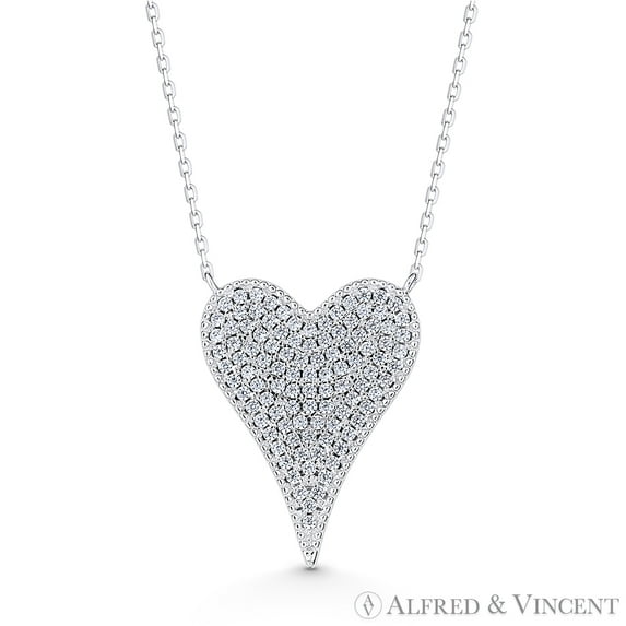 Large Heart Cubic Zirconia Crystal Pave Love Charm Necklace in .925 Sterling Silver