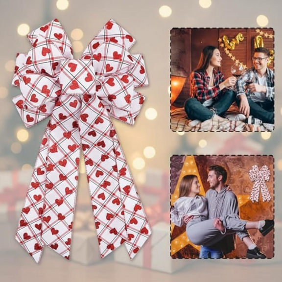 Large Heart Plaid Bow for Valentine's Day Decor, 11.42"x20.87" Wreath Bow for Wedding Party Tree Topper Front Door Indoor Outdoor Holiday Decorations