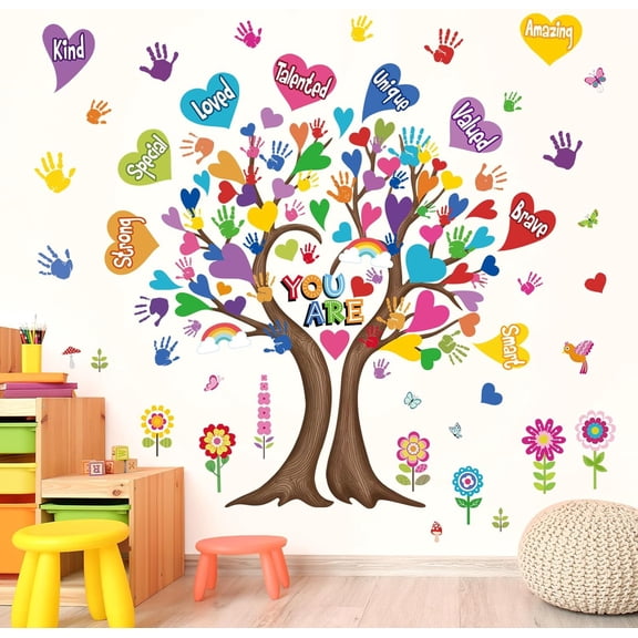 Large Hearts Tree Handprint Wall Stickers Classroom Tree Inspirational Quotes You are Strong Peel and Stick Wall Art Decals for Kids Room Elementary School Teacher Classroom