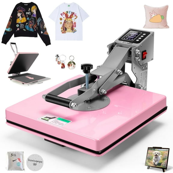 Large Heat Press 15x15, Multi-Purpose Transfer Machine for T-Shirts, Pillows, Home Decor, Digital Control Panel & Slide-Out Plate, Pink