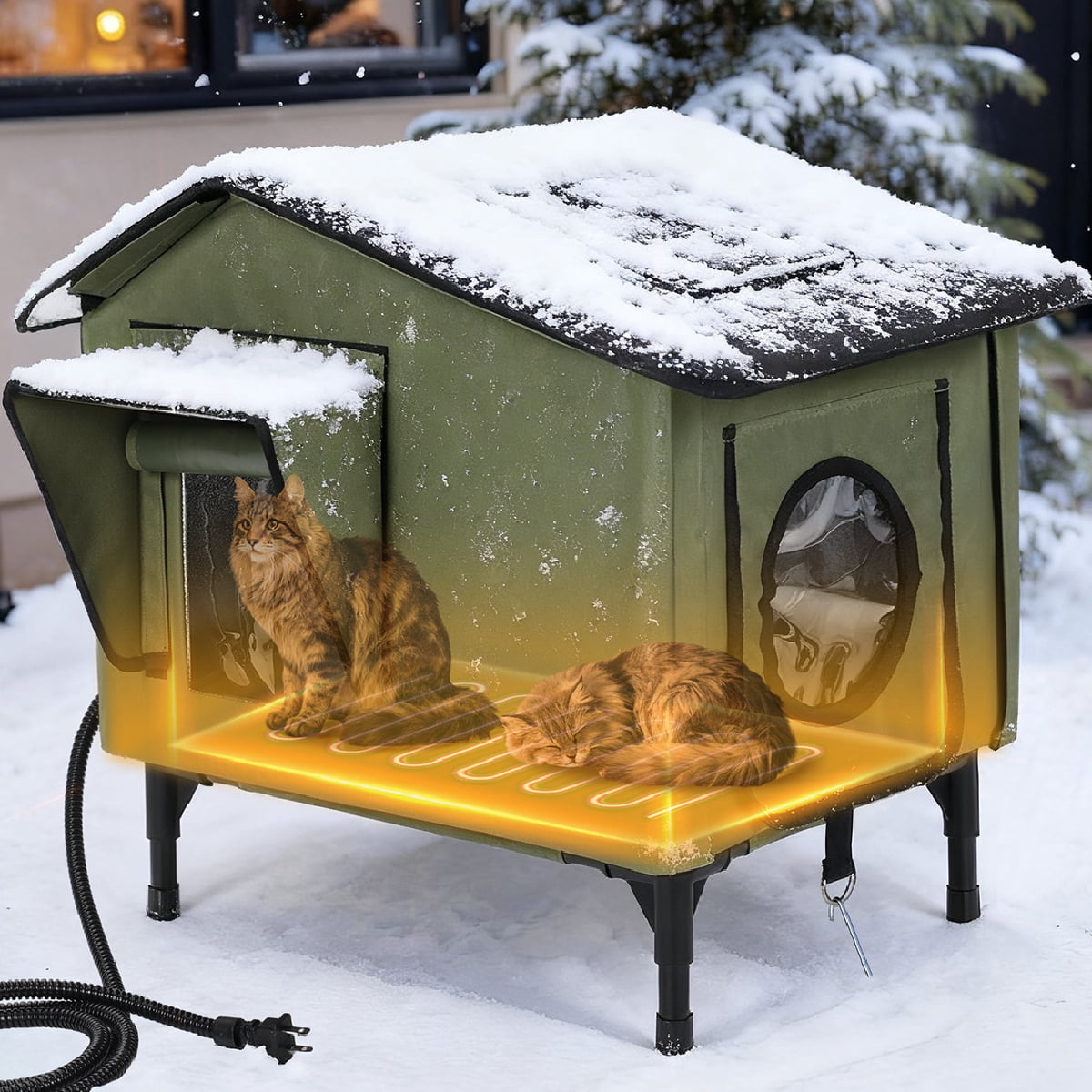 VEVOR - Brandclub - VEVOR Elevated Heated Cat House, Outdoor Kitty Shelter  with Adjustable Temperature \u0026 Timer, 600D Oxford Cloth Foldable Cat Shelter  with Heated Pad for Winter to Stay Warm \u0026, image size:1200x1200