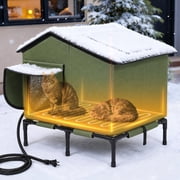 Heated Cat House Outdoor, DOMIPET Waterproof Large Insulated Winter Cat Shelter with Heating Pad for Multiple Cats Small Animals, Elevated Base, Escape Door & Roof Window