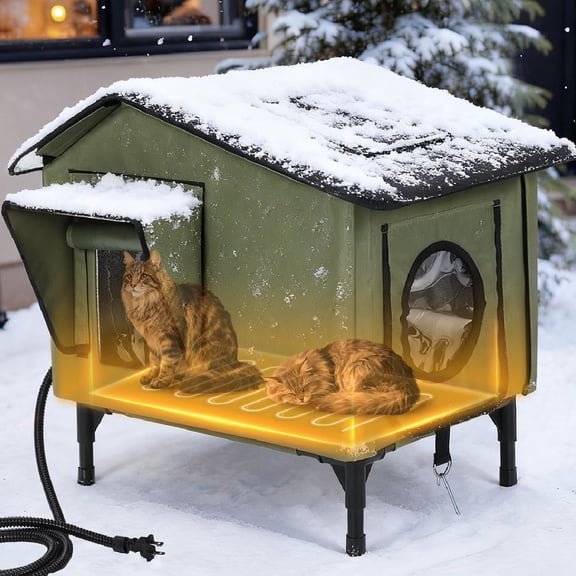 Heated Cat House Outdoor, DOMIPET Waterproof Large Insulated Winter Cat Shelter with Heating Pad for Multiple Cats Small Animals, Elevated Base, Escape Door & Roof Window