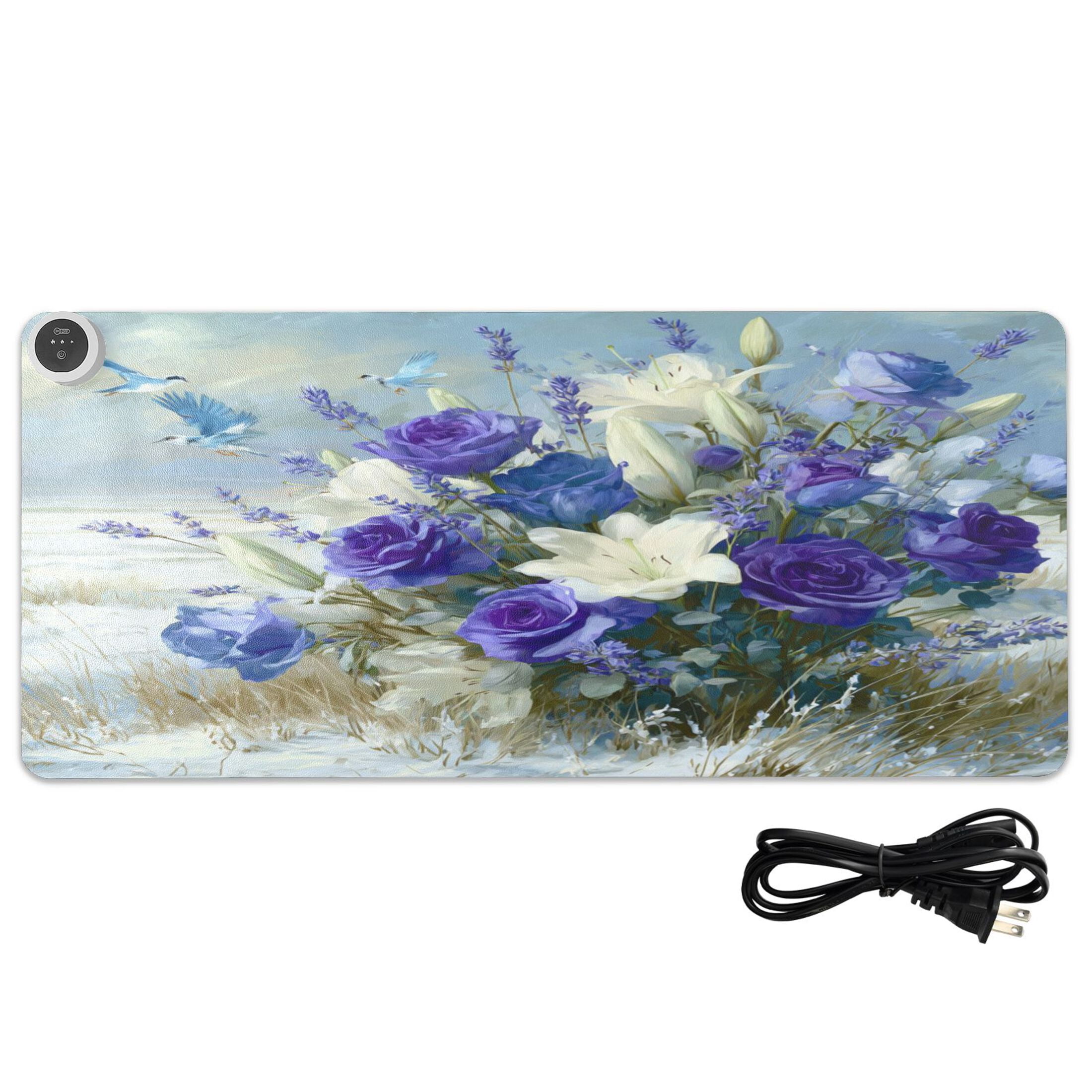 Large Heated Desk Mat Mouse Pad 31.5"x13"PU Leather Graphene Heating Desk Warmer with 3 Temperature Settings 110V US Plug Non-Slip Warm Pad for Home, Office, and Gaming Wild Purple and White Roses