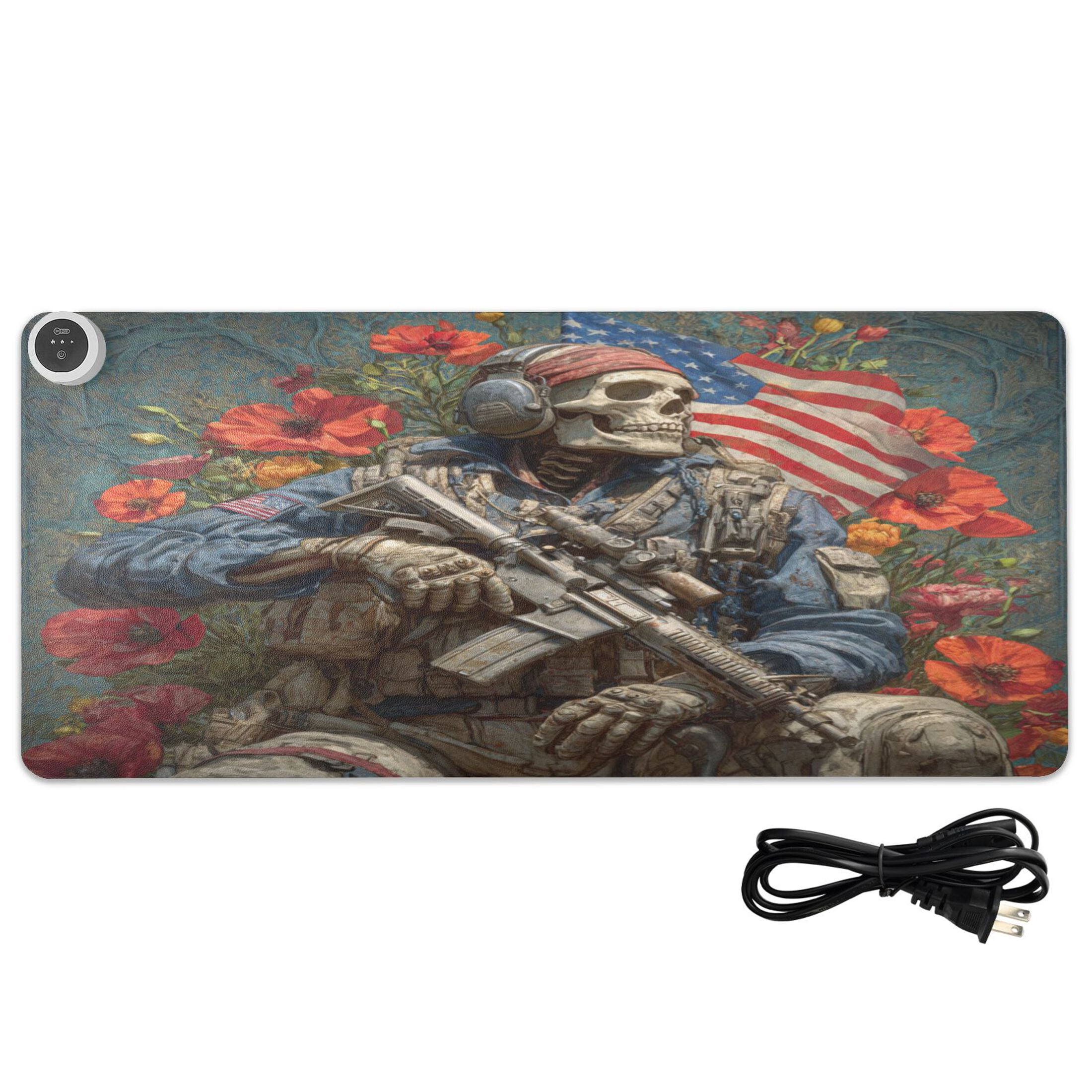 Large Heated Desk Mat Mouse Pad 31.5"x13"PU Leather Graphene Heating Desk Warmer with 3 Temperature Settings 110V US Plug Non-Slip Warm Pad for Home, Office, and Gaming Soldier Skull and Flowers