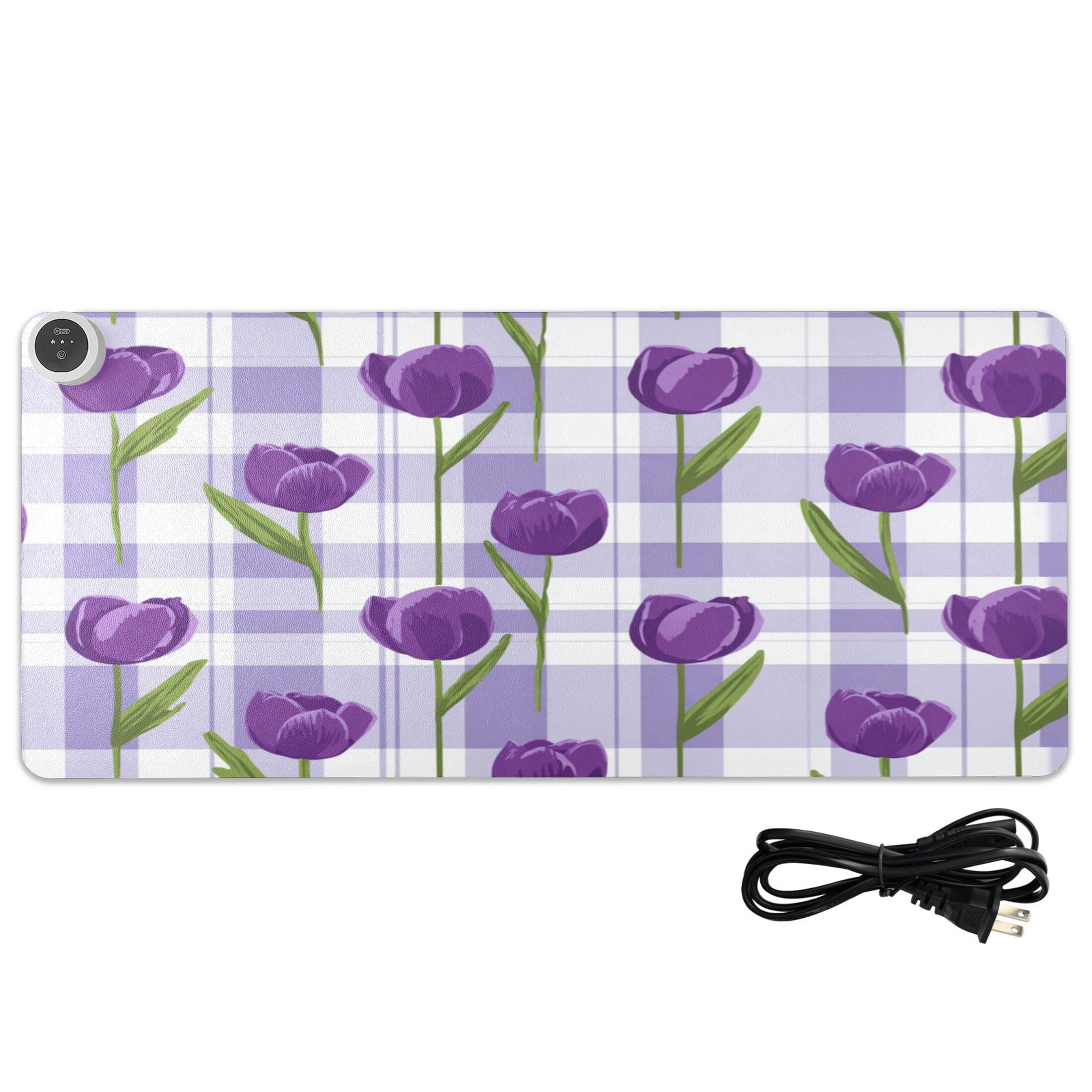 Large Heated Desk Mat Mouse Pad 31.5"x13"PU Leather Graphene Heating Desk Warmer with 3 Temperature Settings 110V US Plug Non-Slip Warm Pad for Home, Office, and Gaming Cute Cartoon Purple Tulips