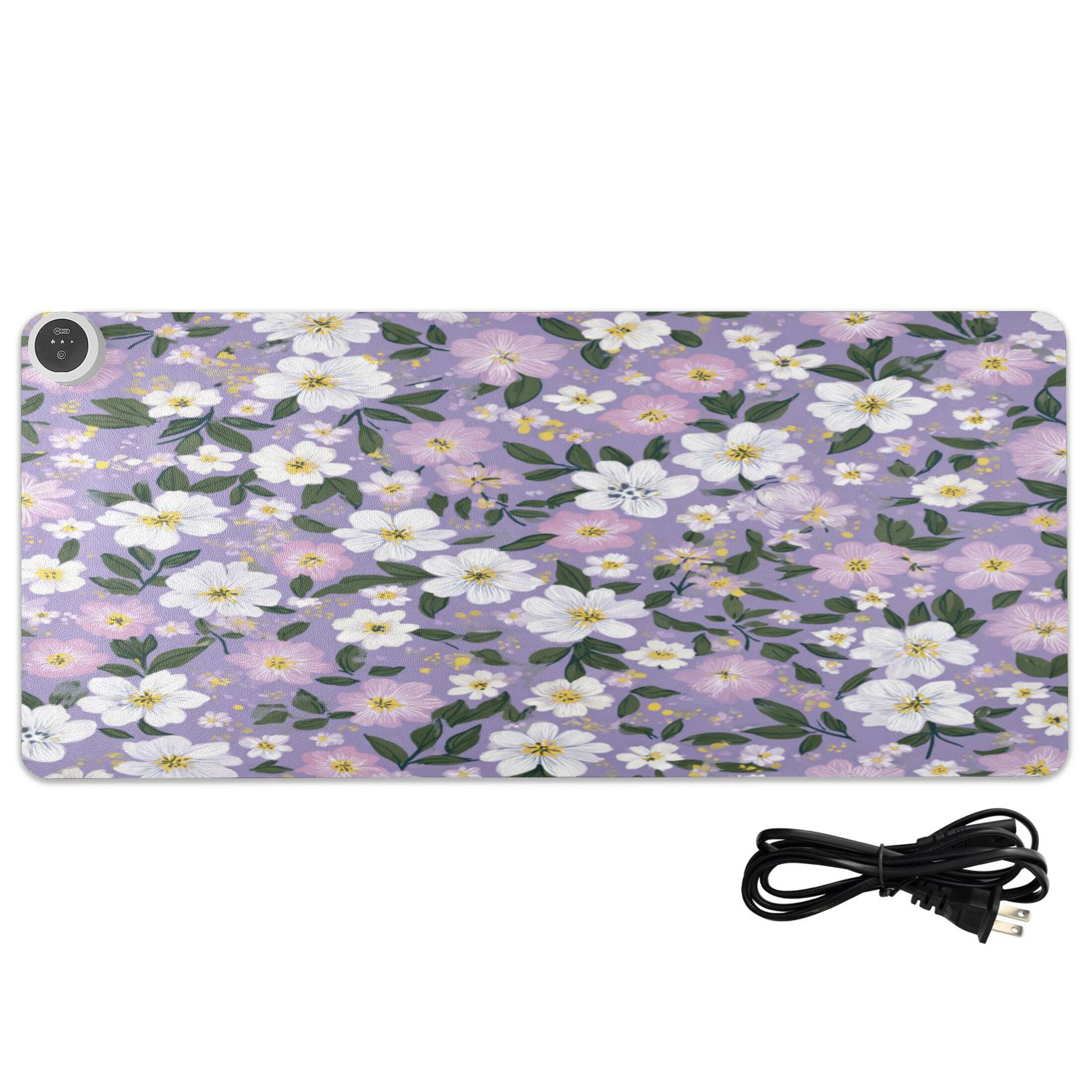 Large Heated Desk Mat Mouse Pad 31.5"x13"PU Leather Graphene Heating Desk Warmer with 3 Temperature Settings 110V US Plug Non-Slip Warm Pad for Home, Office, and Gaming Dainty Floral Seamless Print