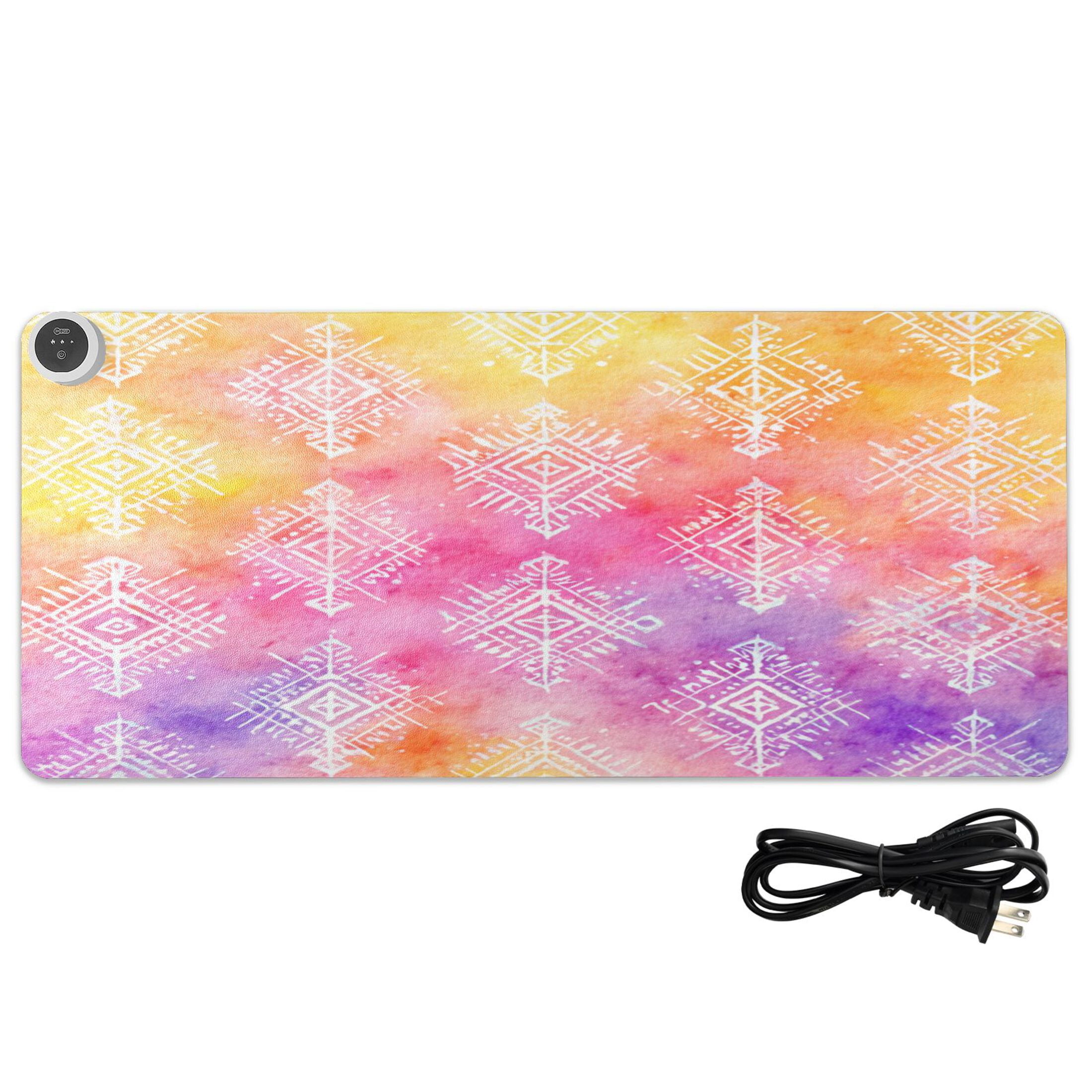 Large Heated Desk Mat Mouse Pad 31.5"x13"PU Leather Graphene Heating Desk Warmer with 3 Temperature Settings 110V US Plug Non-Slip Warm Pad for Home, Office, and Gaming Ombre Ethnic Geometric Print