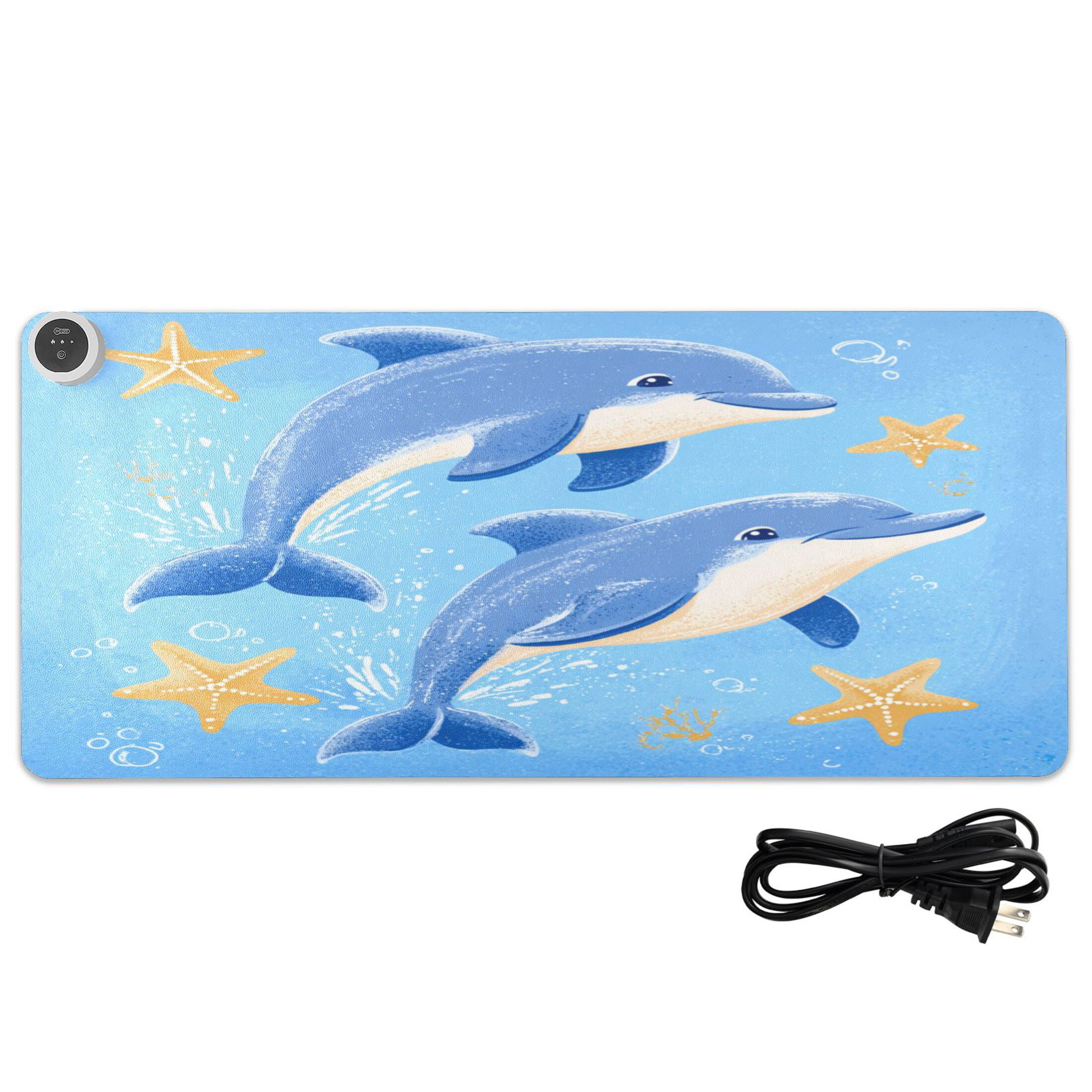 Large Heated Desk Mat Mouse Pad 31.5"x13"PU Leather Graphene Heating Desk Warmer with 3 Temperature Settings 110V US Plug Non-Slip Warm Pad for Home, Office, and Gaming Two Dolphins Jumping Pattern