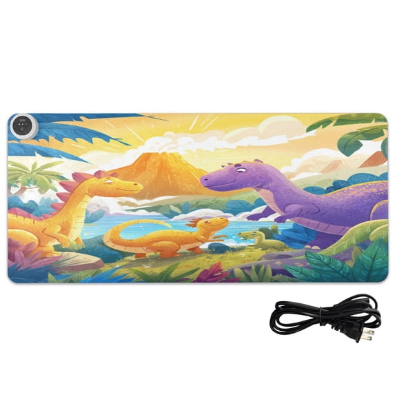 Large Heated Desk Mat Mouse Pad 31.5"x13"PU Leather Graphene Heating Desk Warmer with 3 Temperature Settings 110V US Plug Non-Slip Warm Pad for Home, Office, and Gaming Cute Dinosaur Volcano Scene