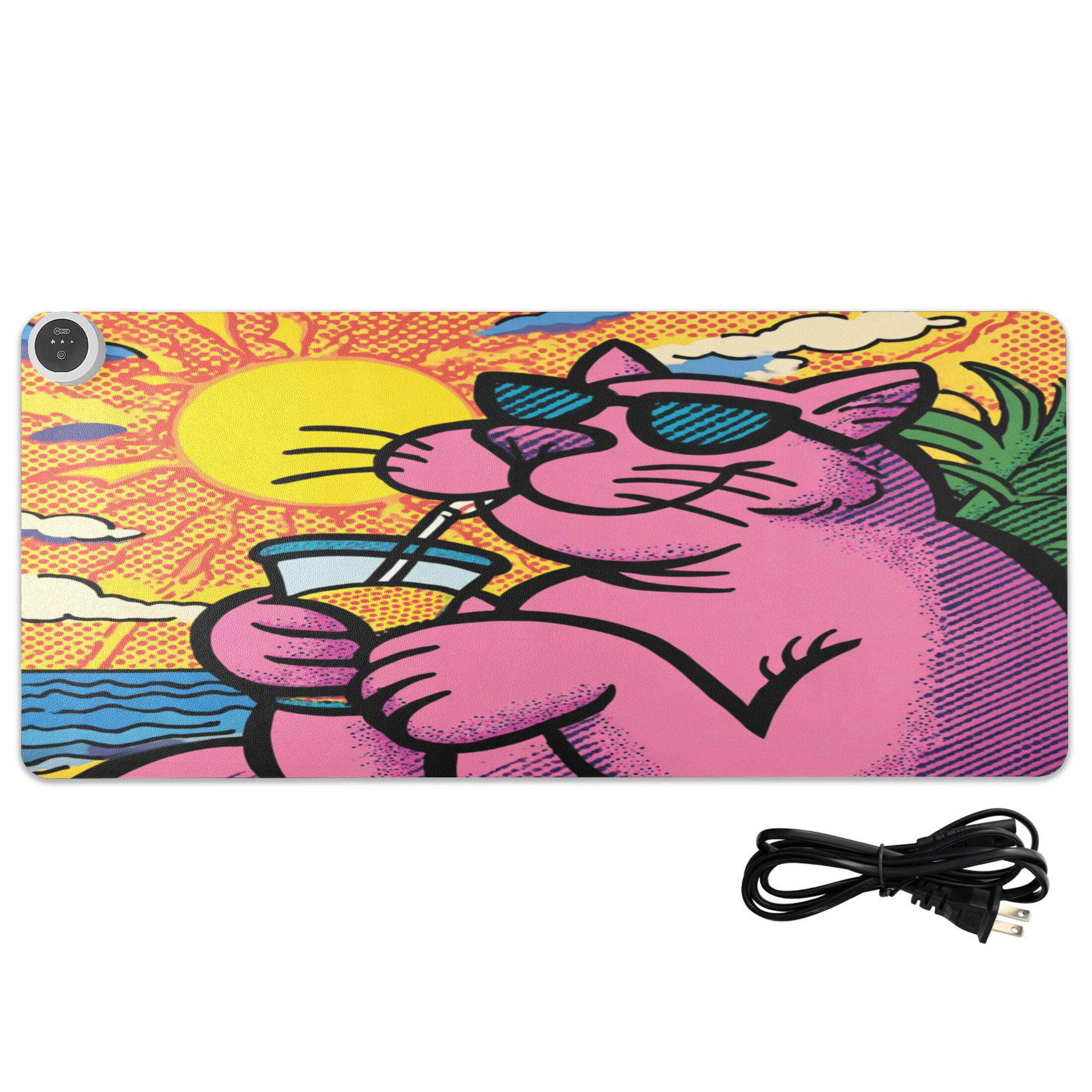 Large Heated Desk Mat Mouse Pad 31.5"x13"PU Leather Graphene Heating Desk Warmer with 3 Temperature Settings 110V US Plug Non-Slip Warm Pad for Home, Office, and Gaming Cartoon Cool Pink Cat