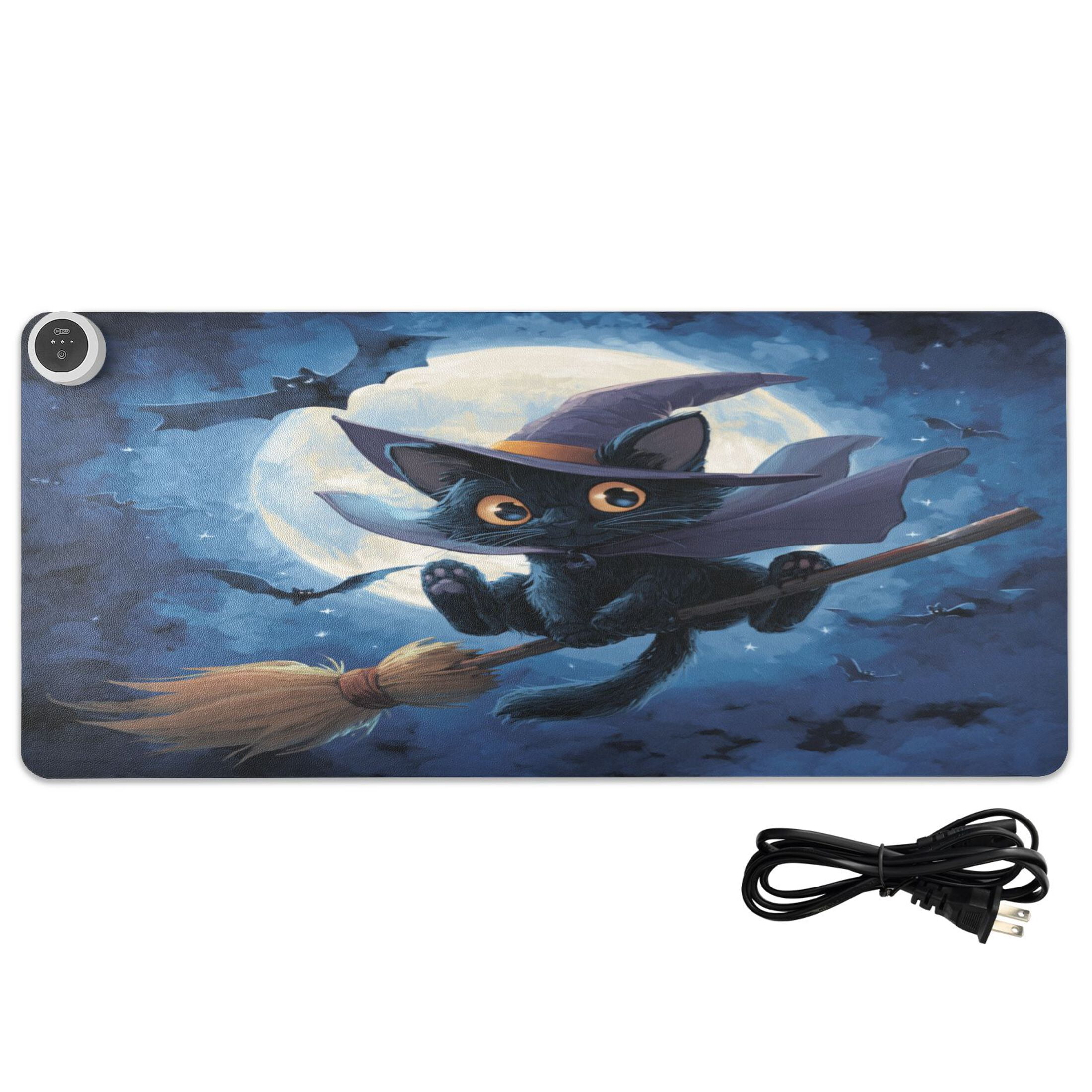 Large Heated Desk Mat Mouse Pad 31.5"x13"PU Leather Graphene Heating Desk Warmer with 3 Temperature Settings 110V US Plug Non-Slip Warm Pad for Home, Office, and Gaming Halloween Cape Black Cat