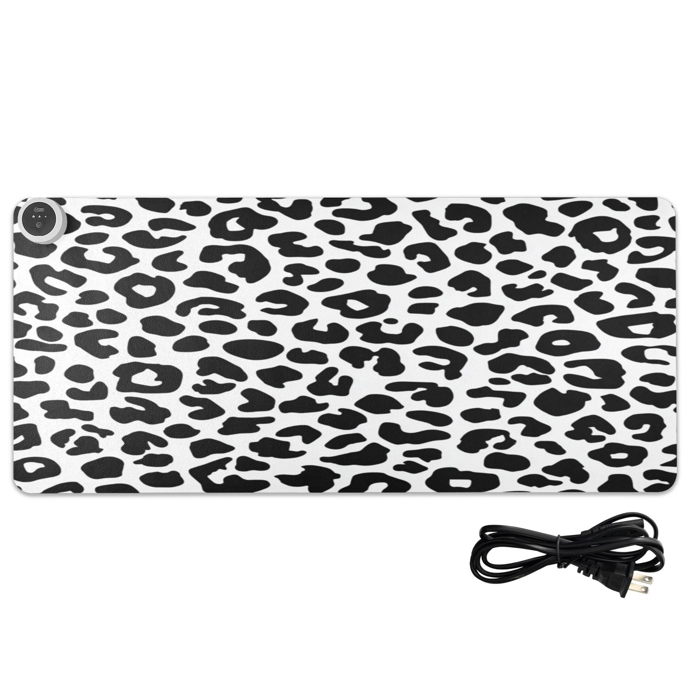 Large Heated Desk Mat Mouse Pad 31.5"x13"PU Leather Graphene Heating Desk Warmer with 3 Temperature Settings 110V US Plug Non-Slip Warm Pad for Home, Office, and Gaming Minimalist Black Leopard Print