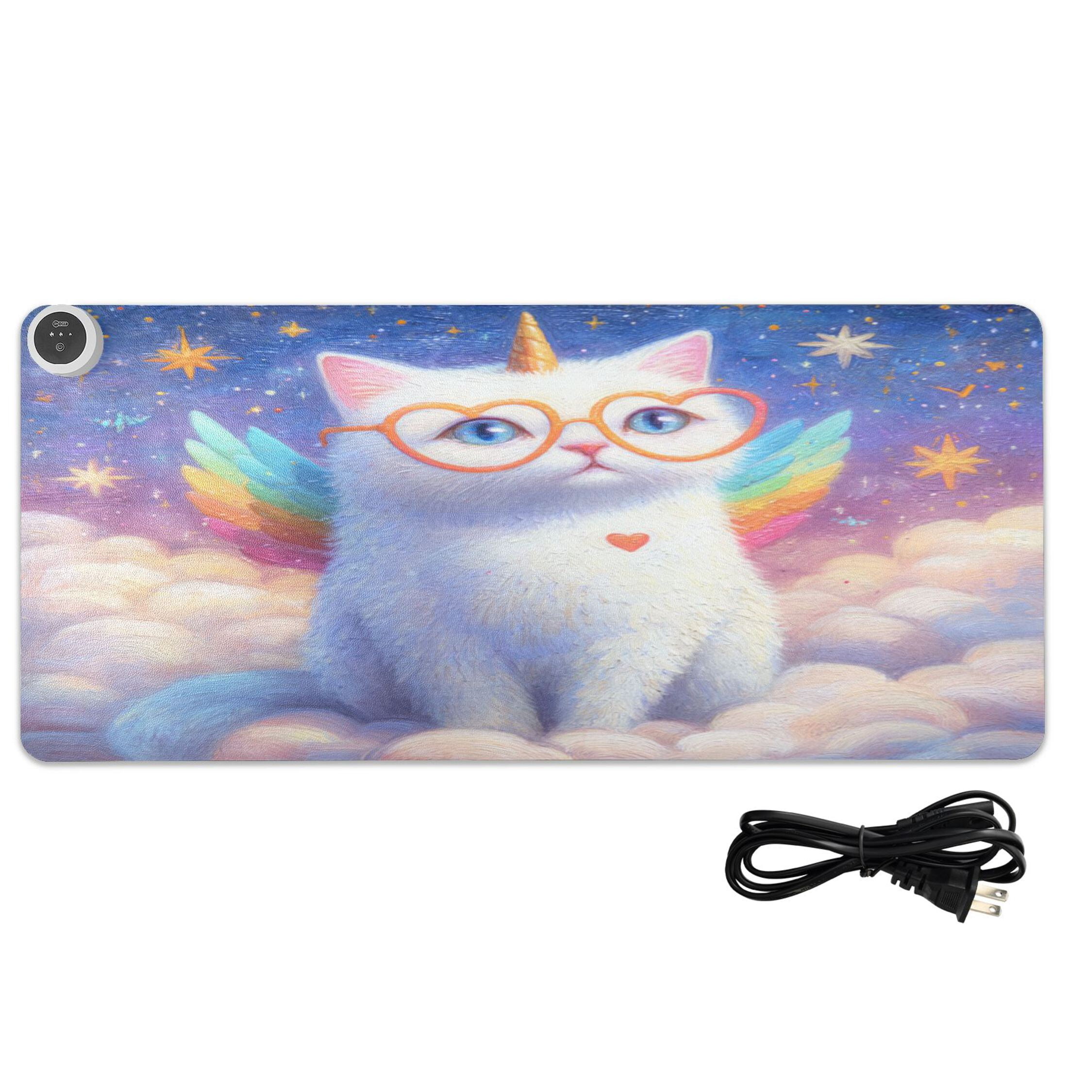 Large Heated Desk Mat Mouse Pad 31.5"x13"PU Leather Graphene Heating Desk Warmer with 3 Temperature Settings 110V US Plug Non-Slip Warm Pad for Home, Office, and Gaming Galaxy Unicorn Kitten Print