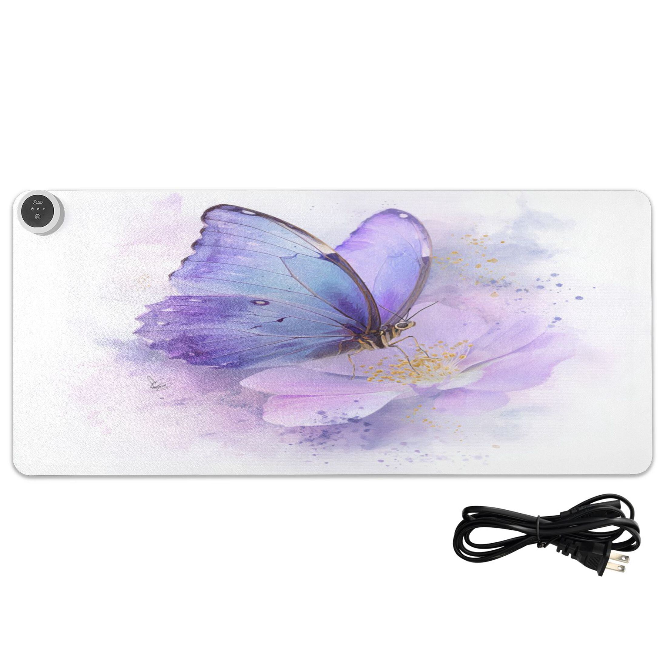 Large Heated Desk Mat Mouse Pad 31.5"x13"PU Leather Graphene Heating Desk Warmer with 3 Temperature Settings 110V US Plug Non-Slip Warm Pad for Home, Office, and Gaming Lavender Dream Of The Morpho