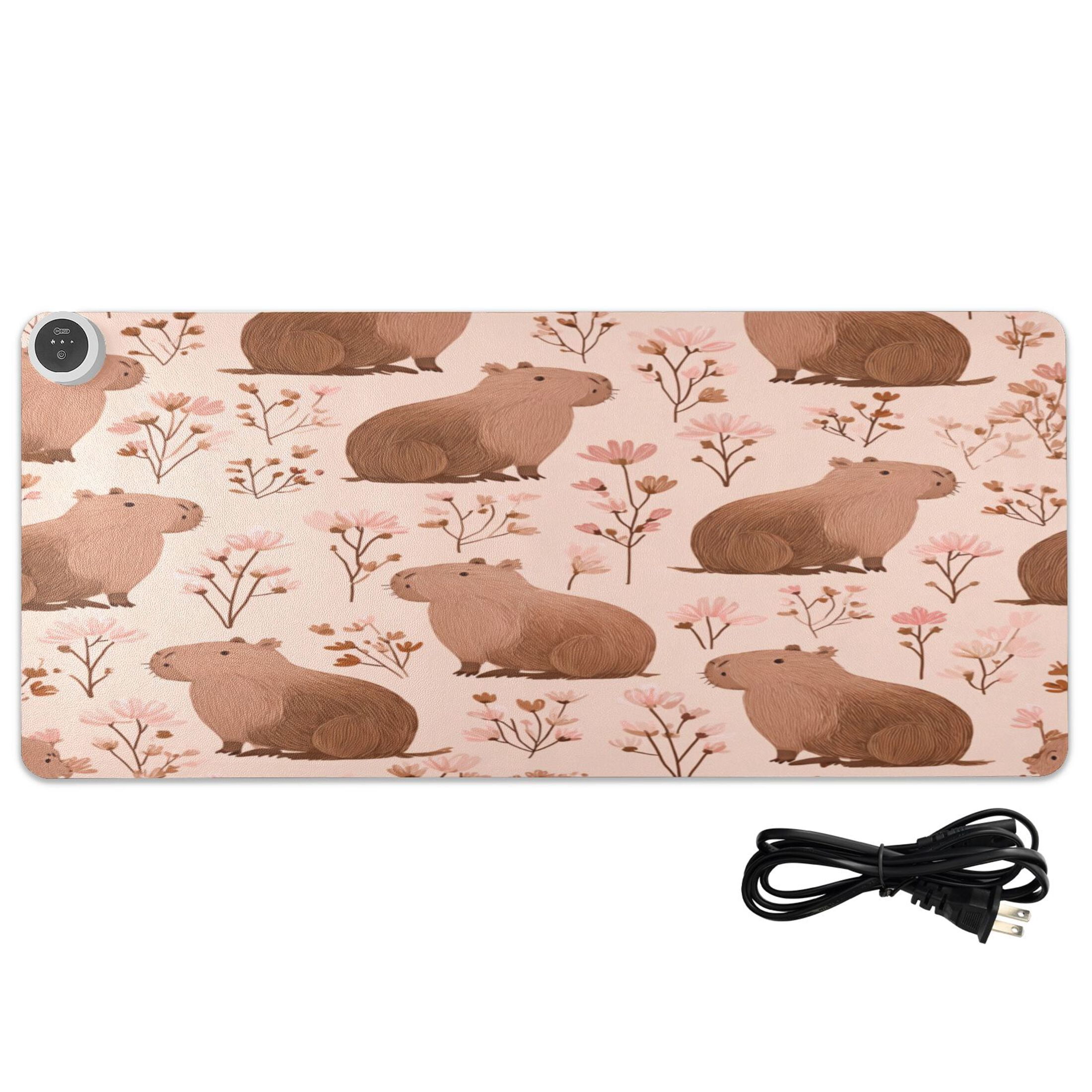 Large Heated Desk Mat Mouse Pad 31.5"x13"PU Leather Graphene Heating Desk Warmer with 3 Temperature Settings 110V US Plug Non-Slip Warm Pad for Home, Office, and Gaming Cute Brown Capybara Pattern