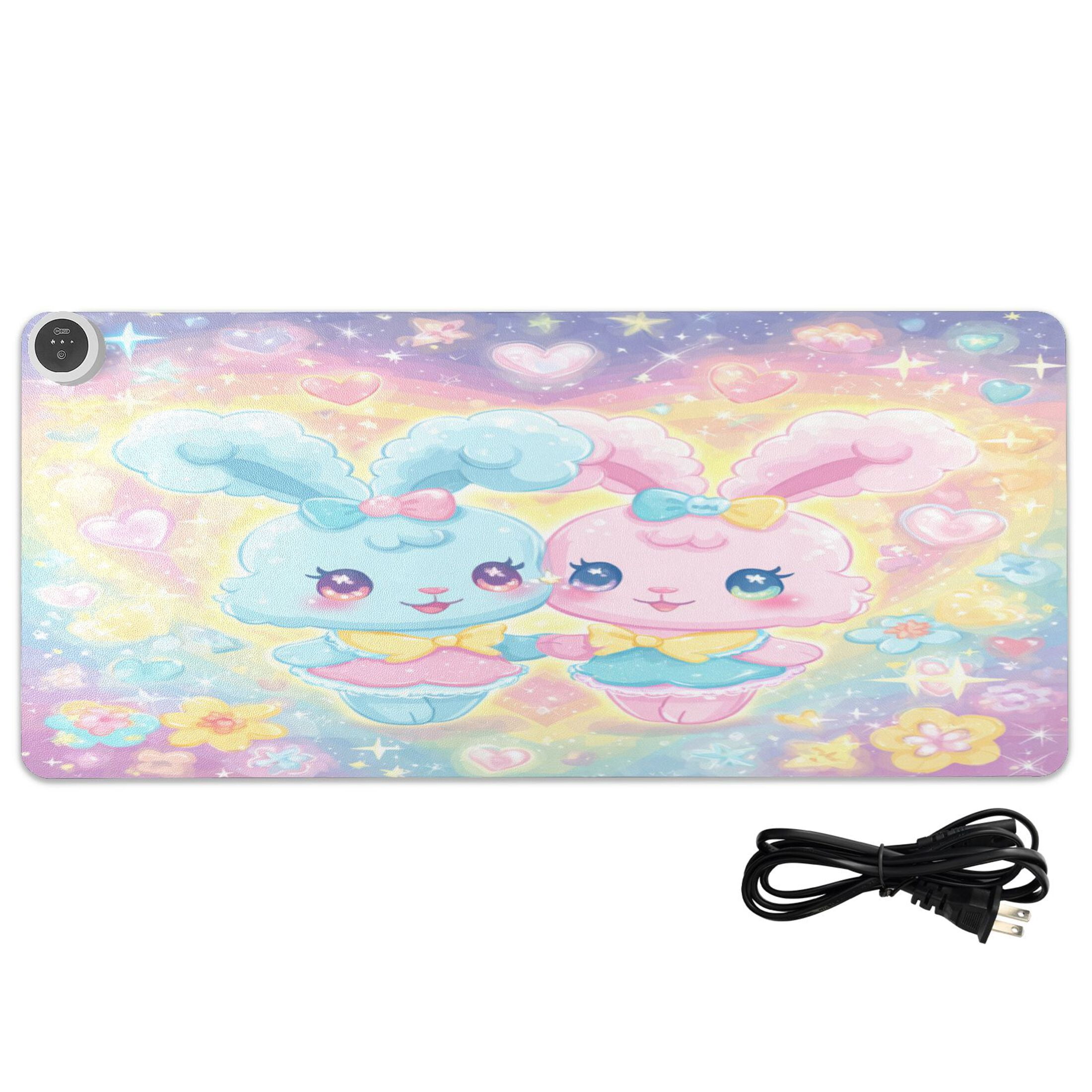 Large Heated Desk Mat Mouse Pad 31.5"x13"PU Leather Graphene Heating Desk Warmer with 3 Temperature Settings 110V US Plug Non-Slip Warm Pad for Home, Office, and Gaming Dreamy Celestial Bunny Duo