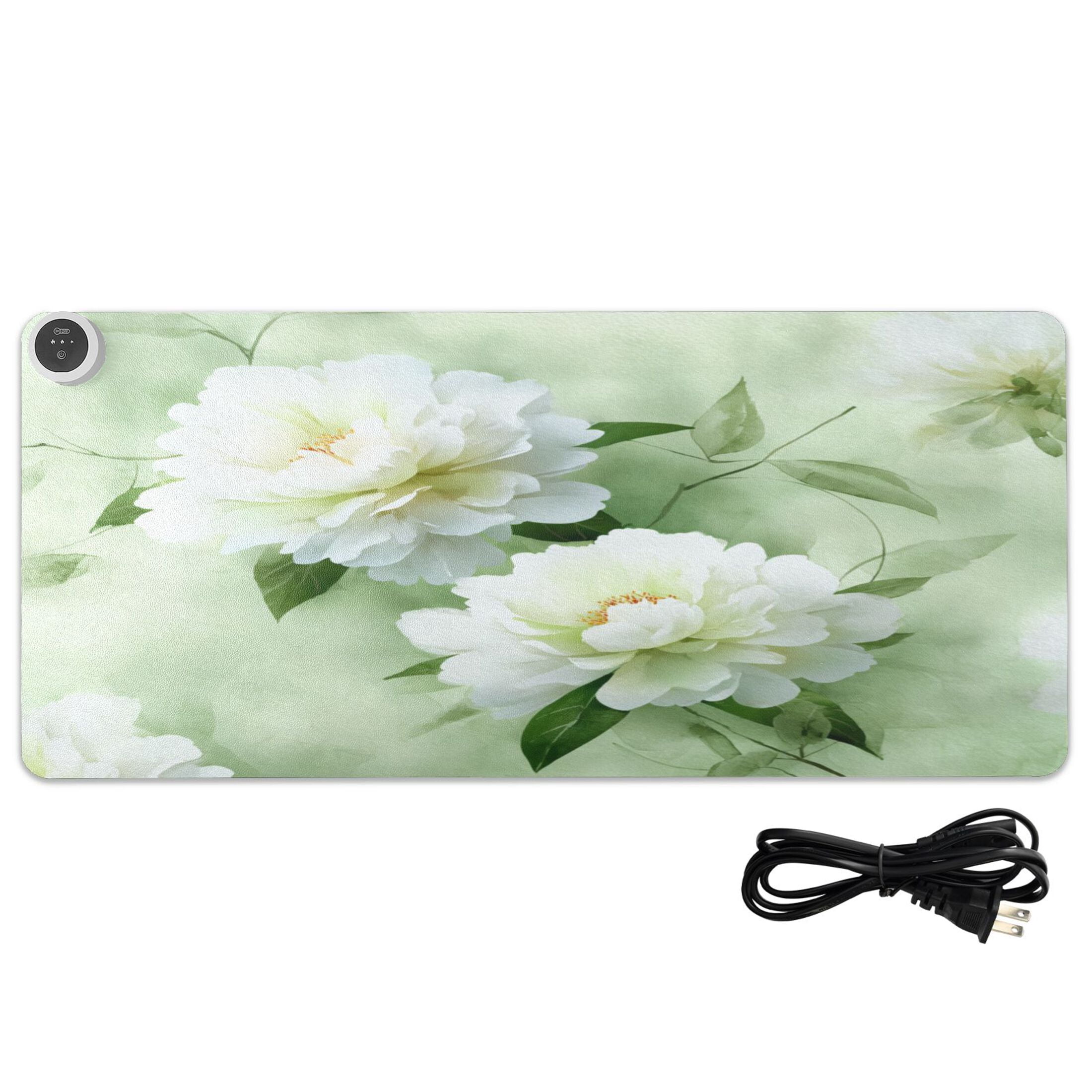 Large Heated Desk Mat Mouse Pad 31.5"x13"PU Leather Graphene Heating Desk Warmer with 3 Temperature Settings 110V US Plug Non-Slip Warm Pad for Home, Office, and Gaming Serene Mint Peony Blooms