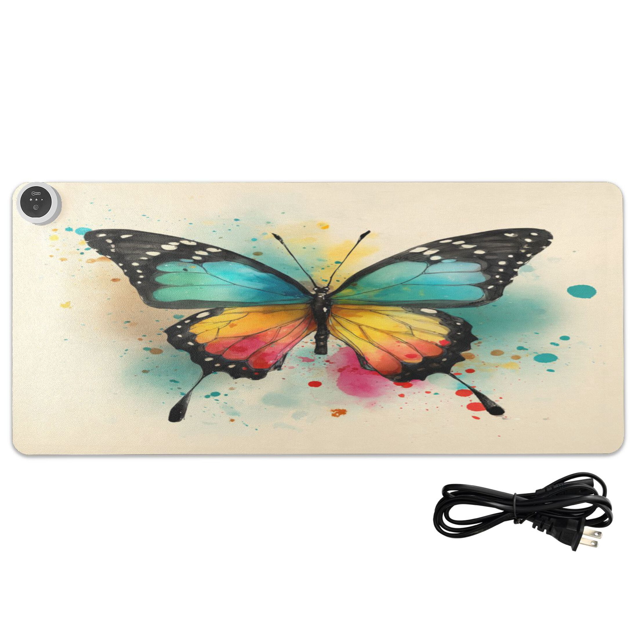 Large Heated Desk Mat Mouse Pad 31.5"x13"PU Leather Graphene Heating Desk Warmer with 3 Temperature Settings 110V US Plug Non-Slip Warm Pad for Home, Office, and Gaming Warm Gradient Butterfly Art