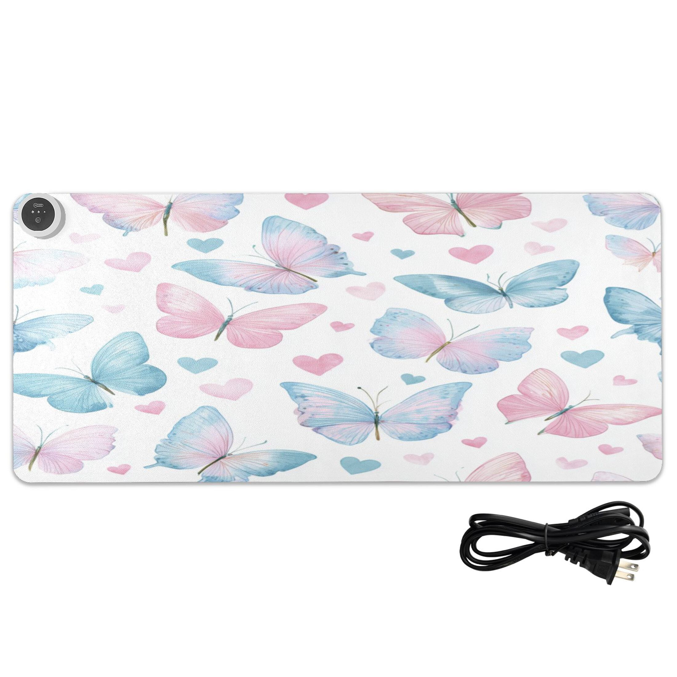 Large Heated Desk Mat Mouse Pad 31.5"x13"PU Leather Graphene Heating Desk Warmer with 3 Temperature Settings 110V US Plug Non-Slip Warm Pad for Home, Office, and Gaming Gentle Pastel Butterfly Print