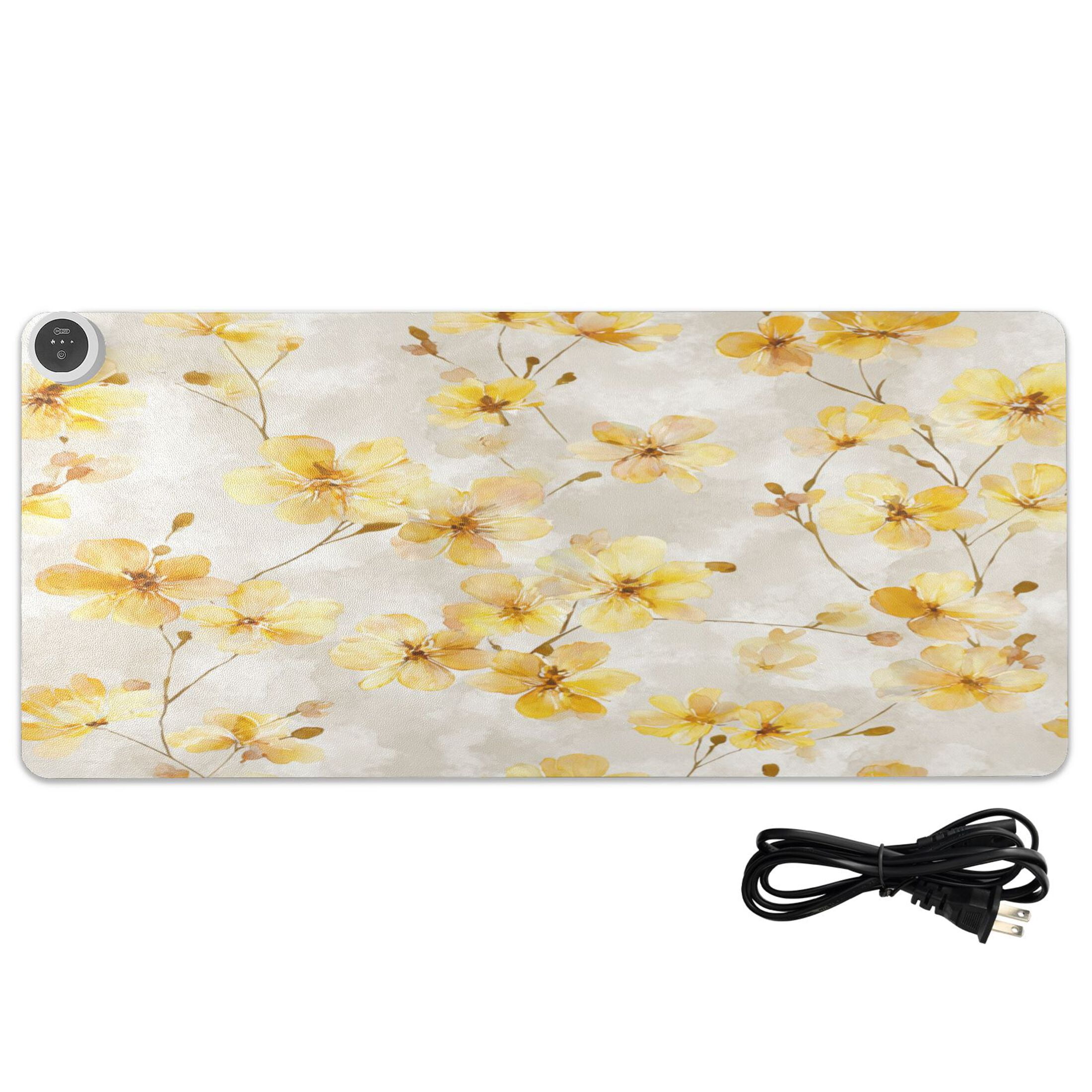 Large Heated Desk Mat Mouse Pad 31.5"x13"PU Leather Graphene Heating Desk Warmer with 3 Temperature Settings 110V US Plug Non-Slip Warm Pad for Home, Office, and Gaming Cream Yellow Watercolor Floral