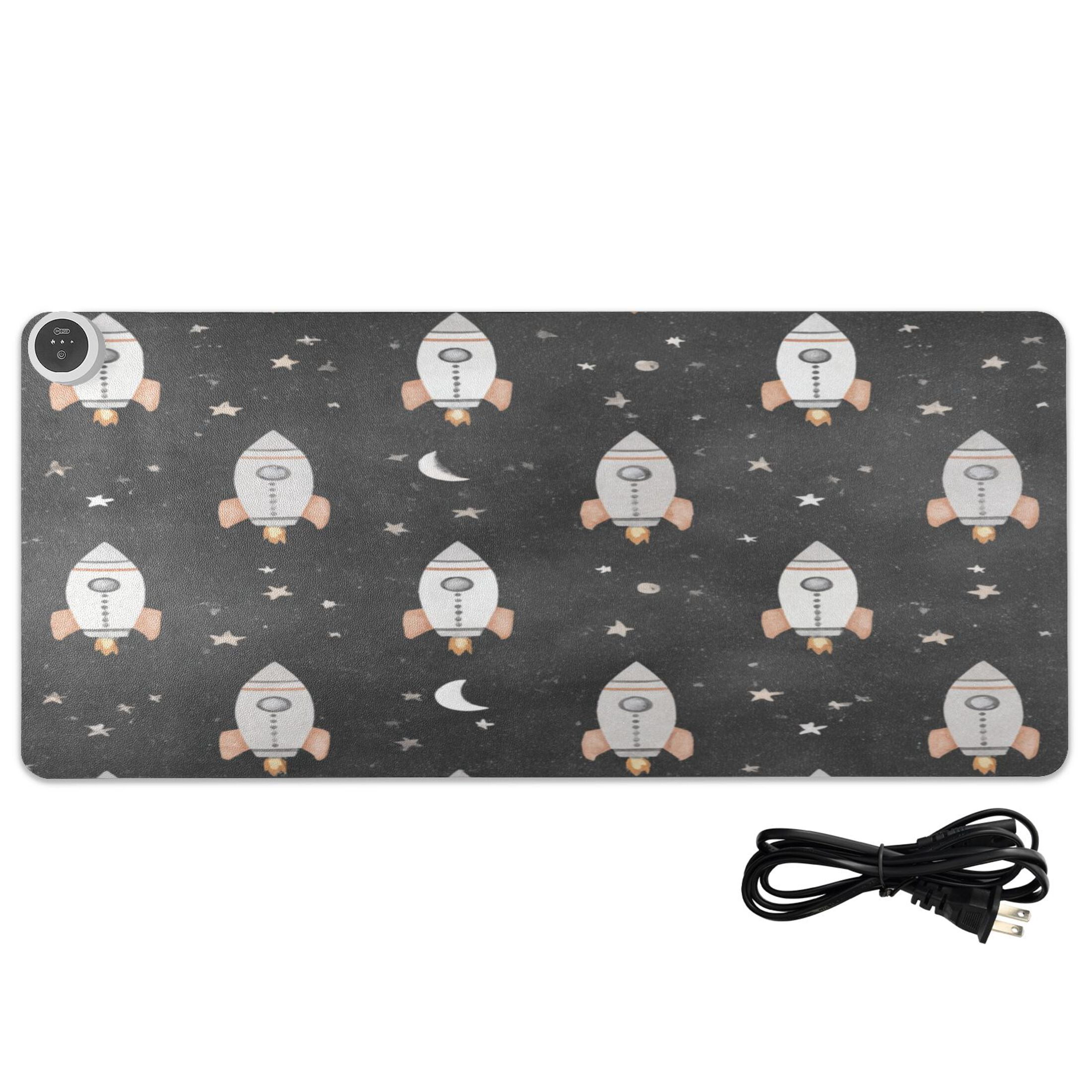 Large Heated Desk Mat Mouse Pad 31.5"x13"PU Leather Graphene Heating Desk Warmer with 3 Temperature Settings 110V US Plug Non-Slip Warm Pad for Home, Office, and Gaming Black Space Rocket Pattern