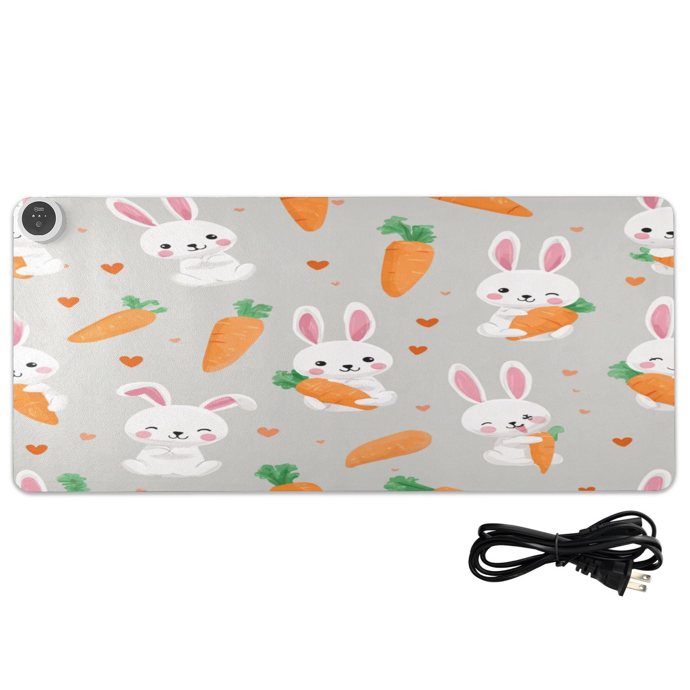 Large Heated Desk Mat Mouse Pad 31.5"x13"PU Leather Graphene Heating Desk Warmer with 3 Temperature Settings 110V US Plug Non-Slip Warm Pad for Home, Office, and Gaming Cute Bunny Carrot Print