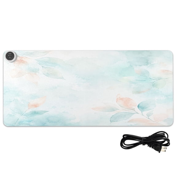Large Heated Desk Mat Mouse Pad 31.5"x13"PU Leather Graphene Heating Desk Warmer with 3 Temperature Settings 110V US Plug Non-Slip Warm Pad for Home, Office, and Gaming Light Watercolor Leaf Pattern