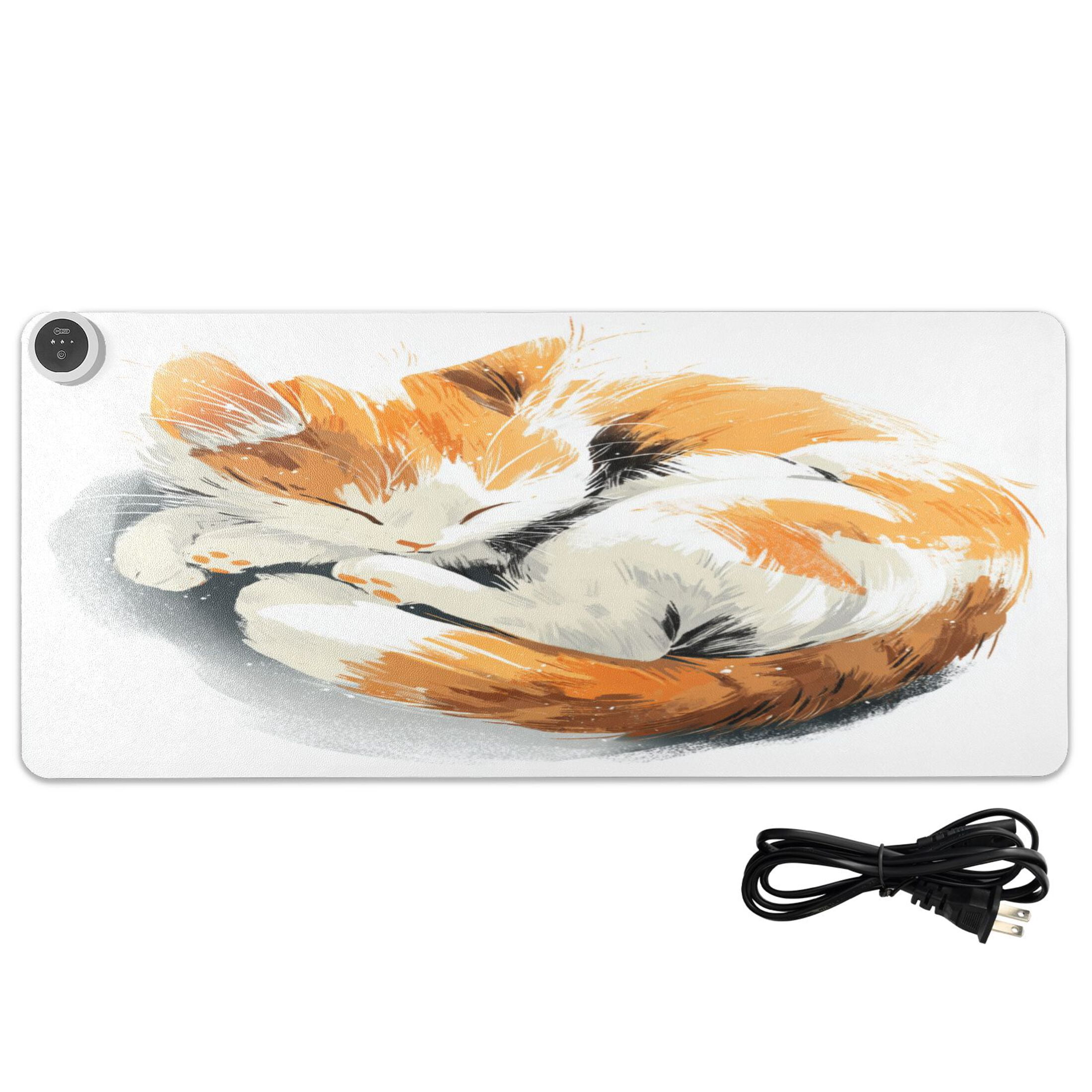Large Heated Desk Mat Mouse Pad 31.5"x13"PU Leather Graphene Heating Desk Warmer with 3 Temperature Settings 110V US Plug Non-Slip Warm Pad for Home, Office, and Gaming Adorable Orange Cat Asleep