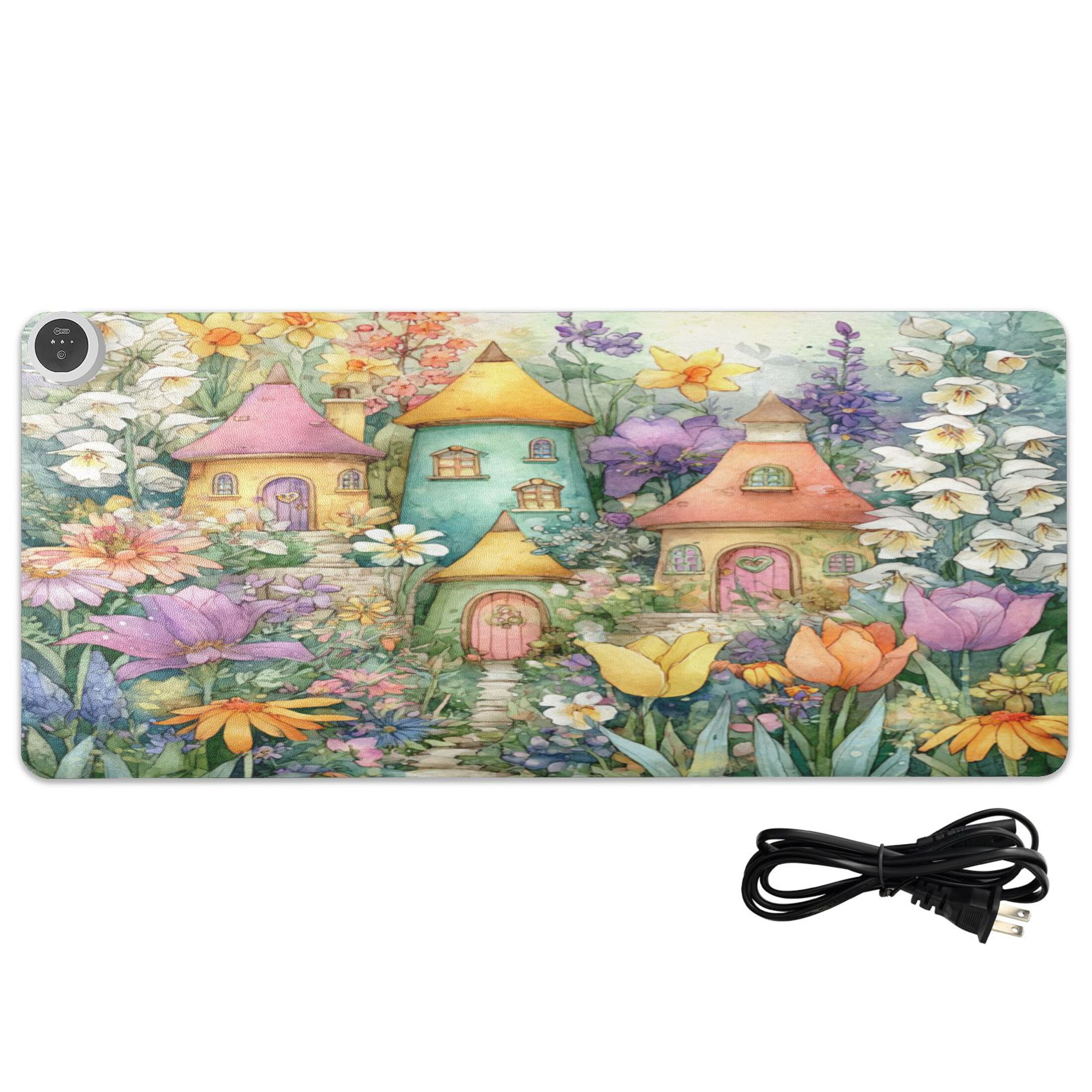 Large Heated Desk Mat Mouse Pad 31.5"x13"PU Leather Graphene Heating Desk Warmer with 3 Temperature Settings 110V US Plug Non-Slip Warm Pad for Home, Office, and Gaming Sweet Flower Fairy Cottage
