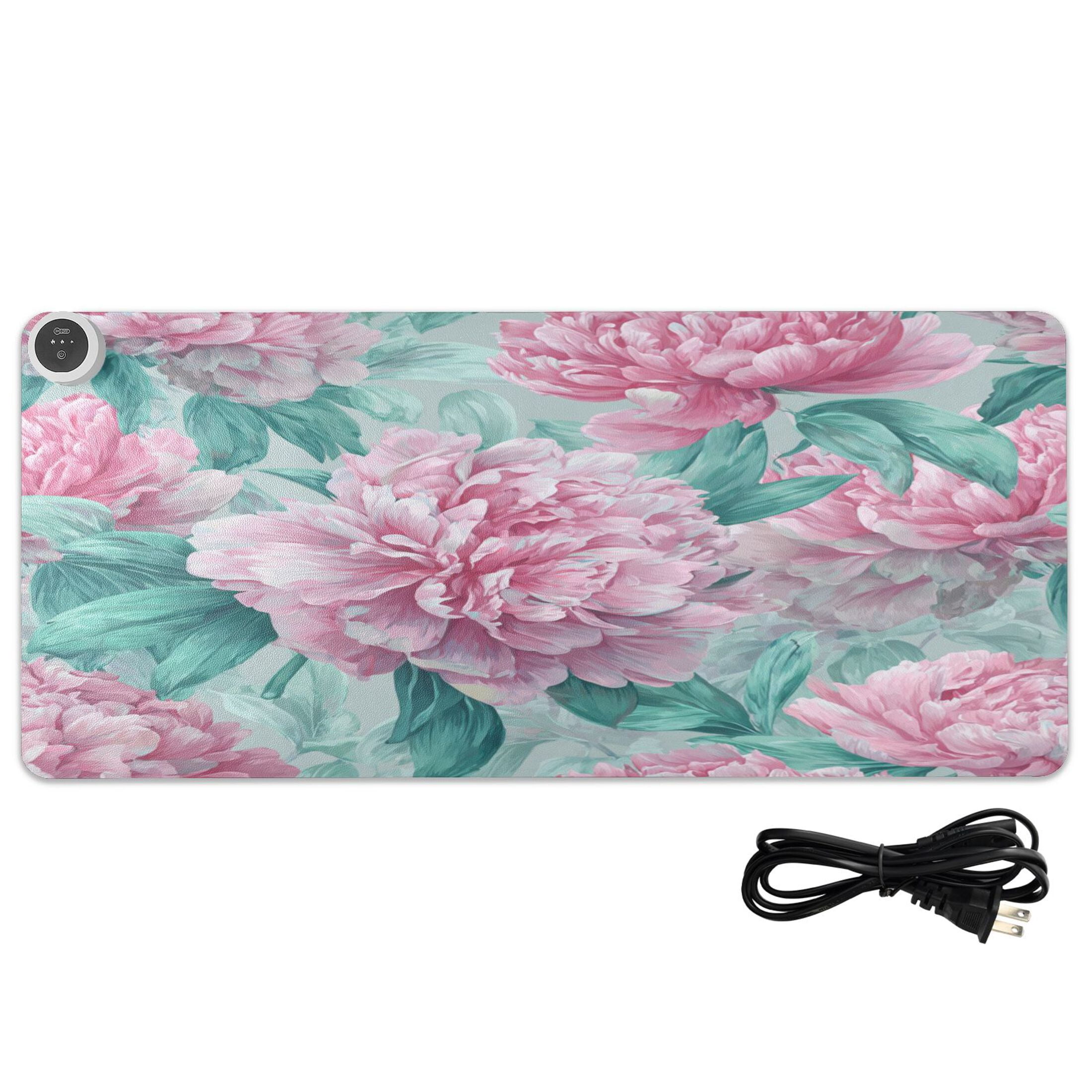 Large Heated Desk Mat Mouse Pad 31.5"x13"PU Leather Graphene Heating Desk Warmer with 3 Temperature Settings 110V US Plug Non-Slip Warm Pad for Home, Office, and Gaming Soft Pink Peony Pattern