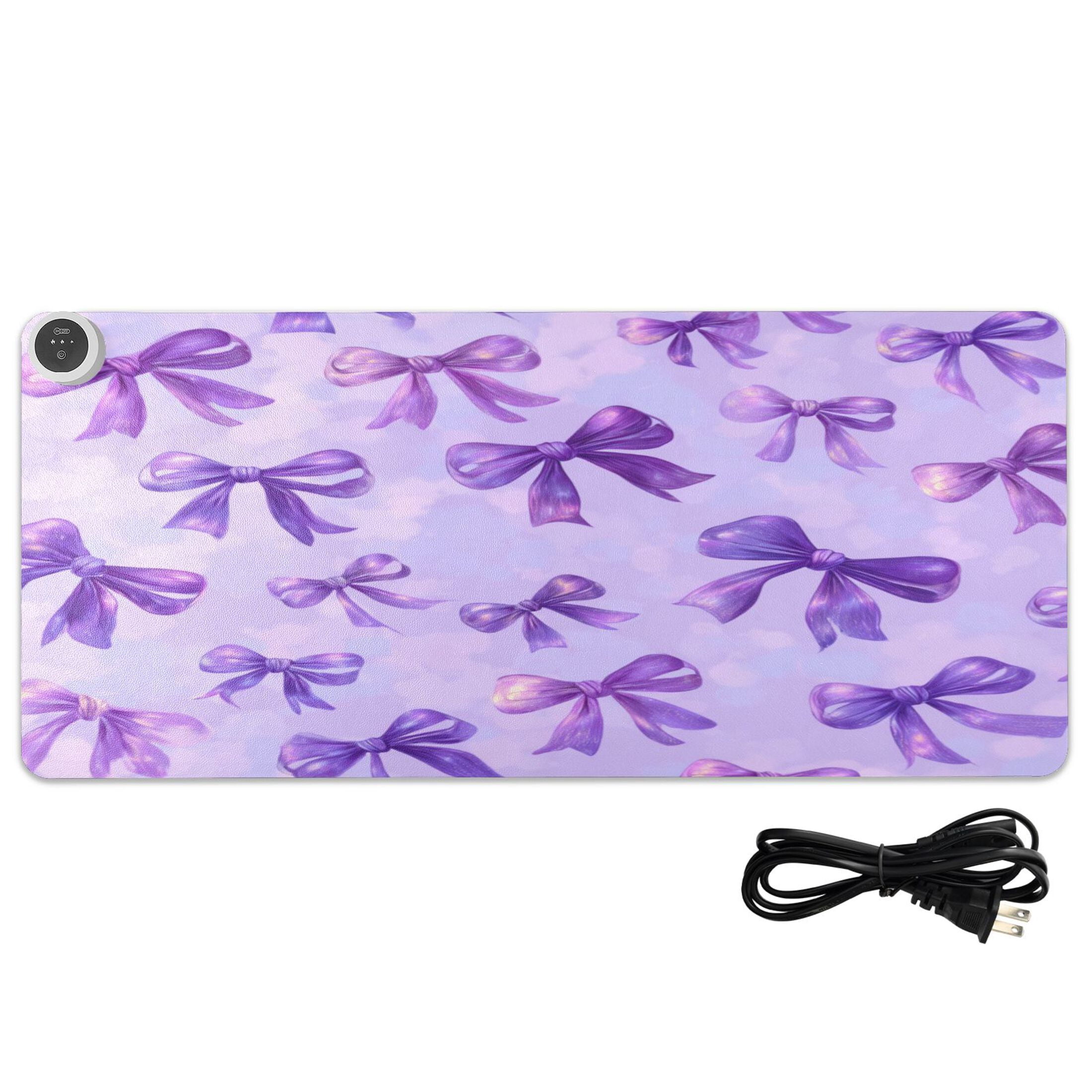 Large Heated Desk Mat Mouse Pad 31.5"x13"PU Leather Graphene Heating Desk Warmer with 3 Temperature Settings 110V US Plug Non-Slip Warm Pad for Home, Office, and Gaming Vibrant Purple Bows Pattern