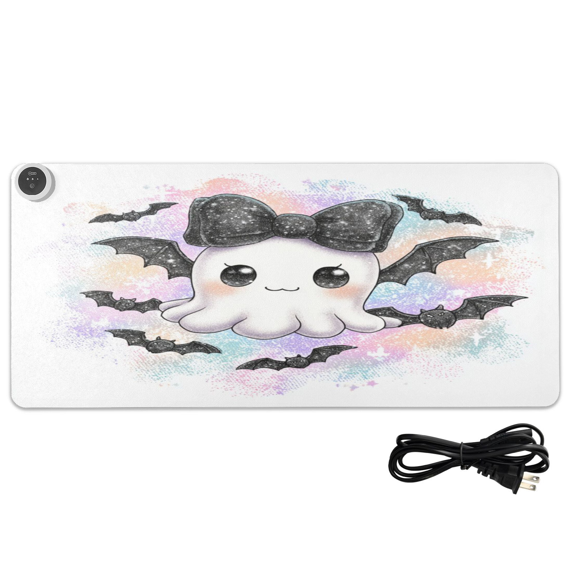 Large Heated Desk Mat Mouse Pad 31.5"x13"PU Leather Graphene Heating Desk Warmer with 3 Temperature Settings 110V US Plug Non-Slip Warm Pad for Home, Office, and Gaming Cute Black Bat Ghost