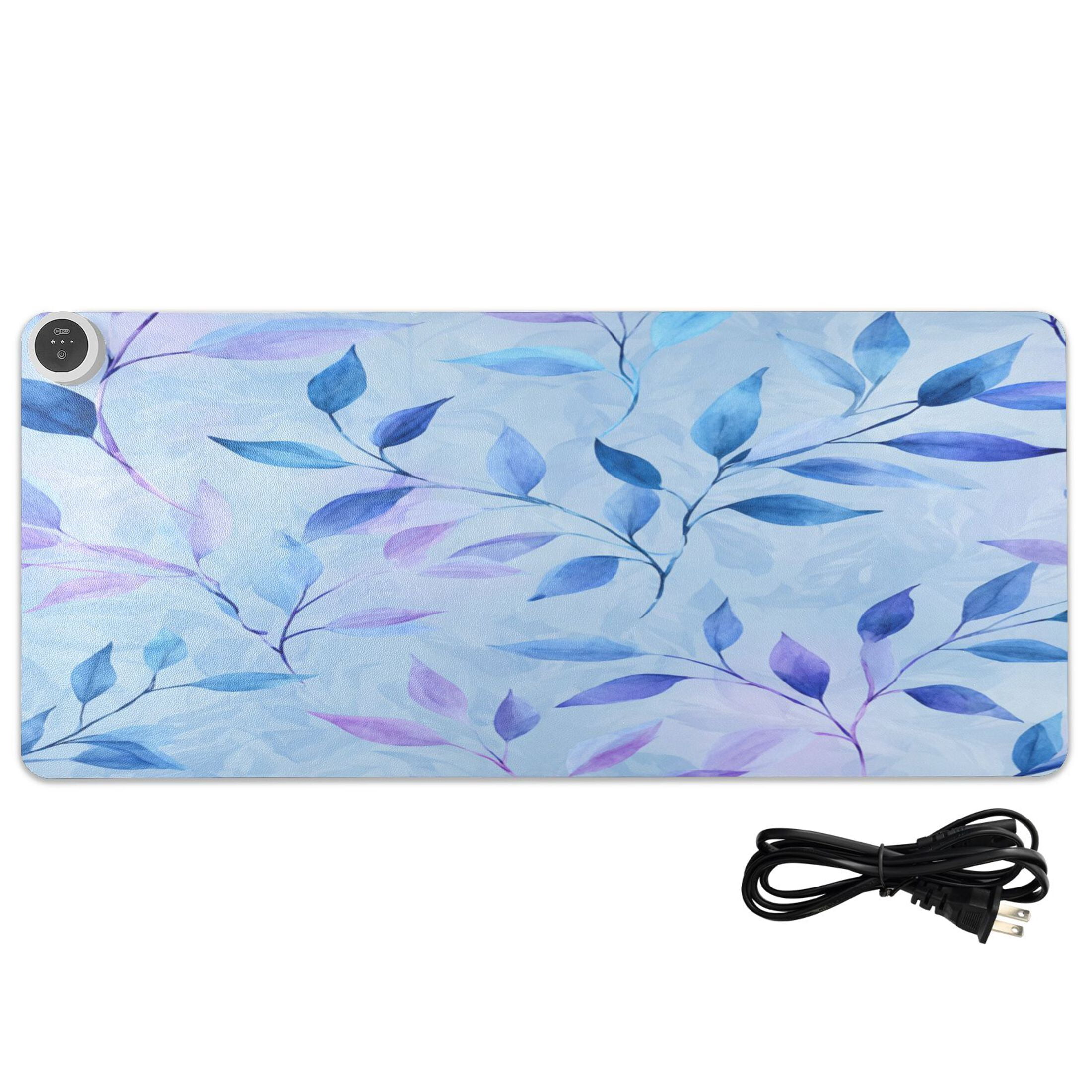 Large Heated Desk Mat Mouse Pad 31.5"x13"PU Leather Graphene Heating Desk Warmer with 3 Temperature Settings 110V US Plug Non-Slip Warm Pad for Home, Office, and Gaming Soft Blue Watercolor Foliage