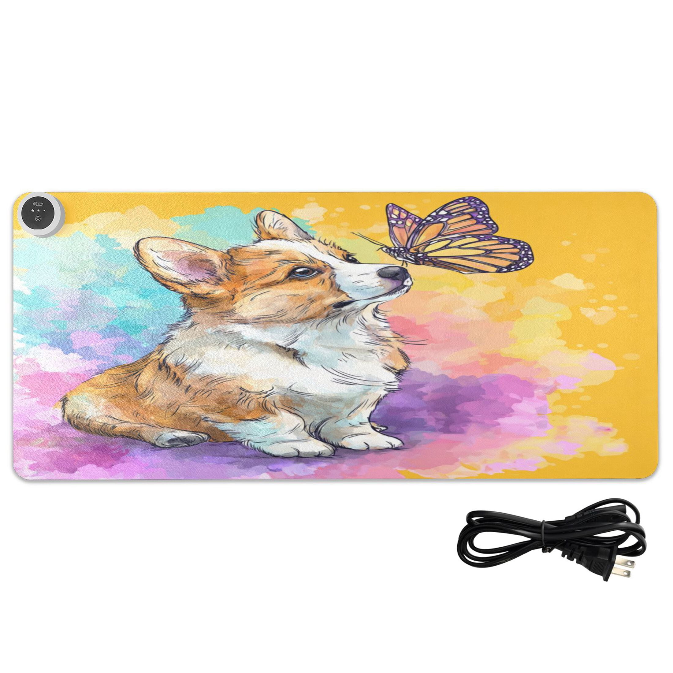 Large Heated Desk Mat Mouse Pad 31.5"x13"PU Leather Graphene Heating Desk Warmer with 3 Temperature Settings 110V US Plug Non-Slip Warm Pad for Home, Office, and Gaming Cartoon Drawing Of A Corgi