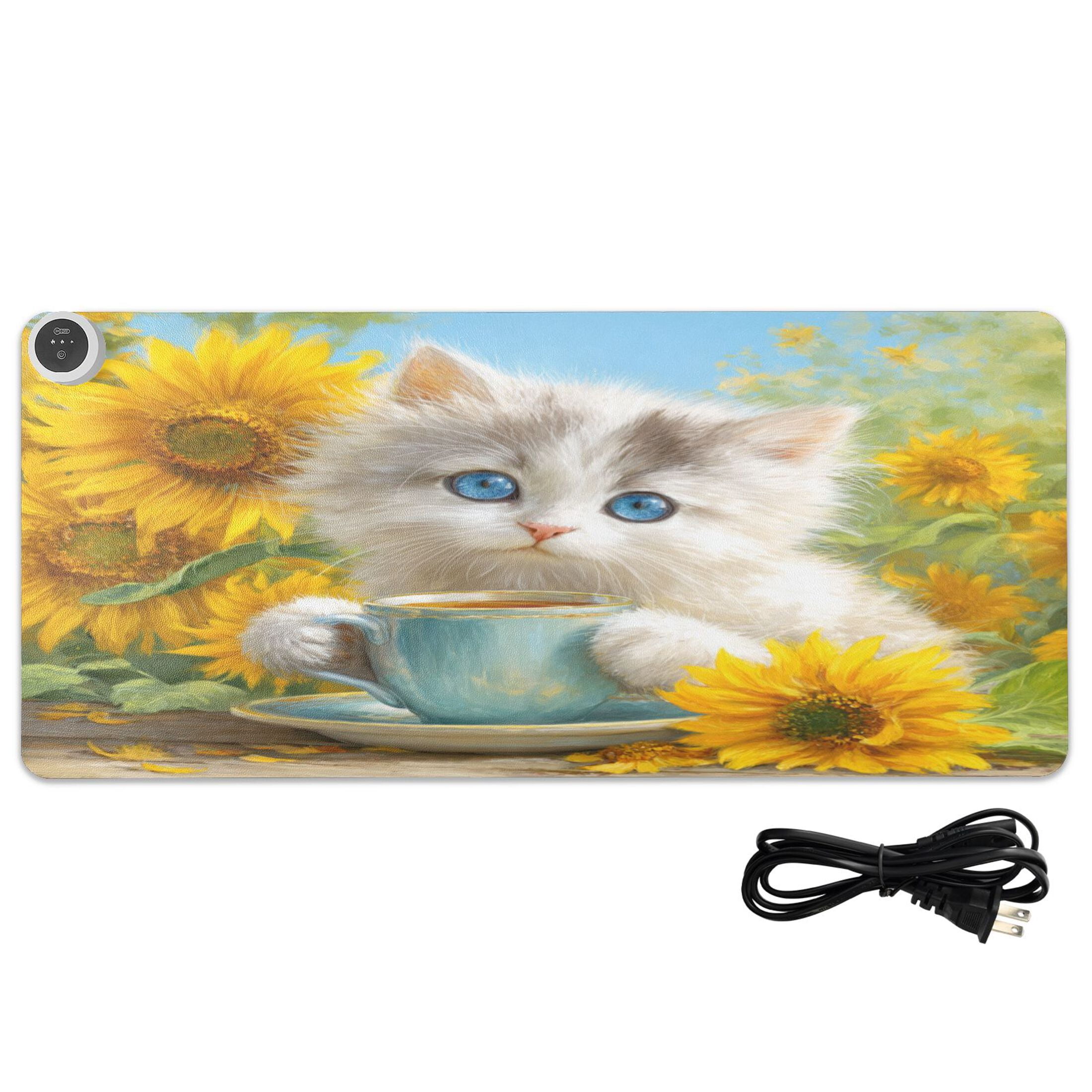 Large Heated Desk Mat Mouse Pad 31.5"x13"PU Leather Graphene Heating Desk Warmer with 3 Temperature Settings 110V US Plug Non-Slip Warm Pad for Home, Office, and Gaming Elegant Blue-eyed White Cat
