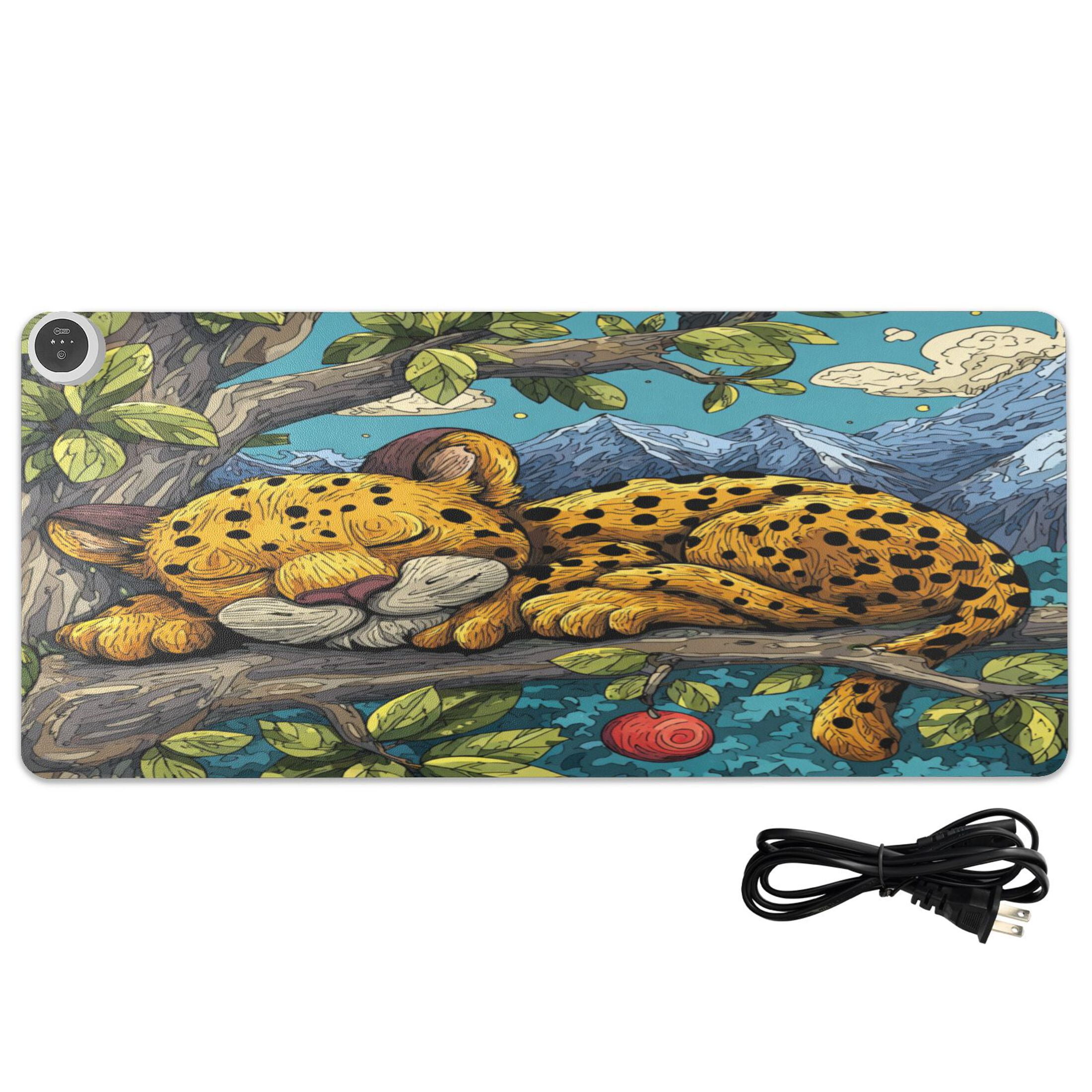 Large Heated Desk Mat Mouse Pad 31.5"x13"PU Leather Graphene Heating Desk Warmer with 3 Temperature Settings 110V US Plug Non-Slip Warm Pad for Home, Office, and Gaming A Cute Leopard Cub Sleeping