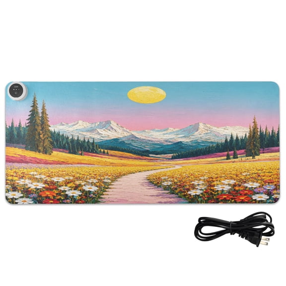 Large Heated Desk Mat Mouse Pad 31.5"x13"PU Leather Graphene Heating Desk Warmer with 3 Temperature Settings 110V US Plug Non-Slip Warm Pad for Home, Office, and Gaming Impasto Mountain Flower Path