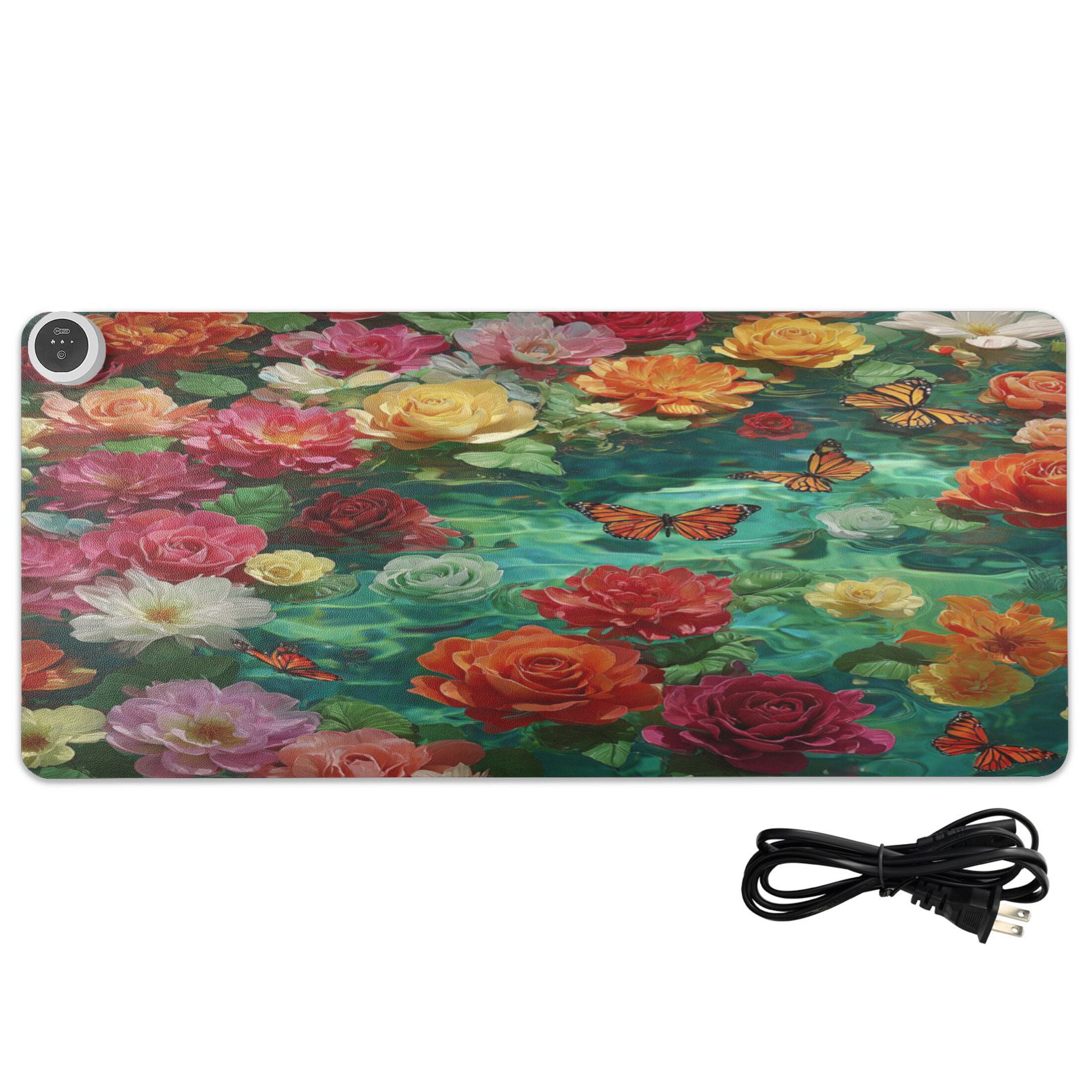 Large Heated Desk Mat Mouse Pad 31.5"x13"PU Leather Graphene Heating Desk Warmer with 3 Temperature Settings 110V US Plug Non-Slip Warm Pad for Home, Office, and Gaming Beautiful Flowers Of Colors