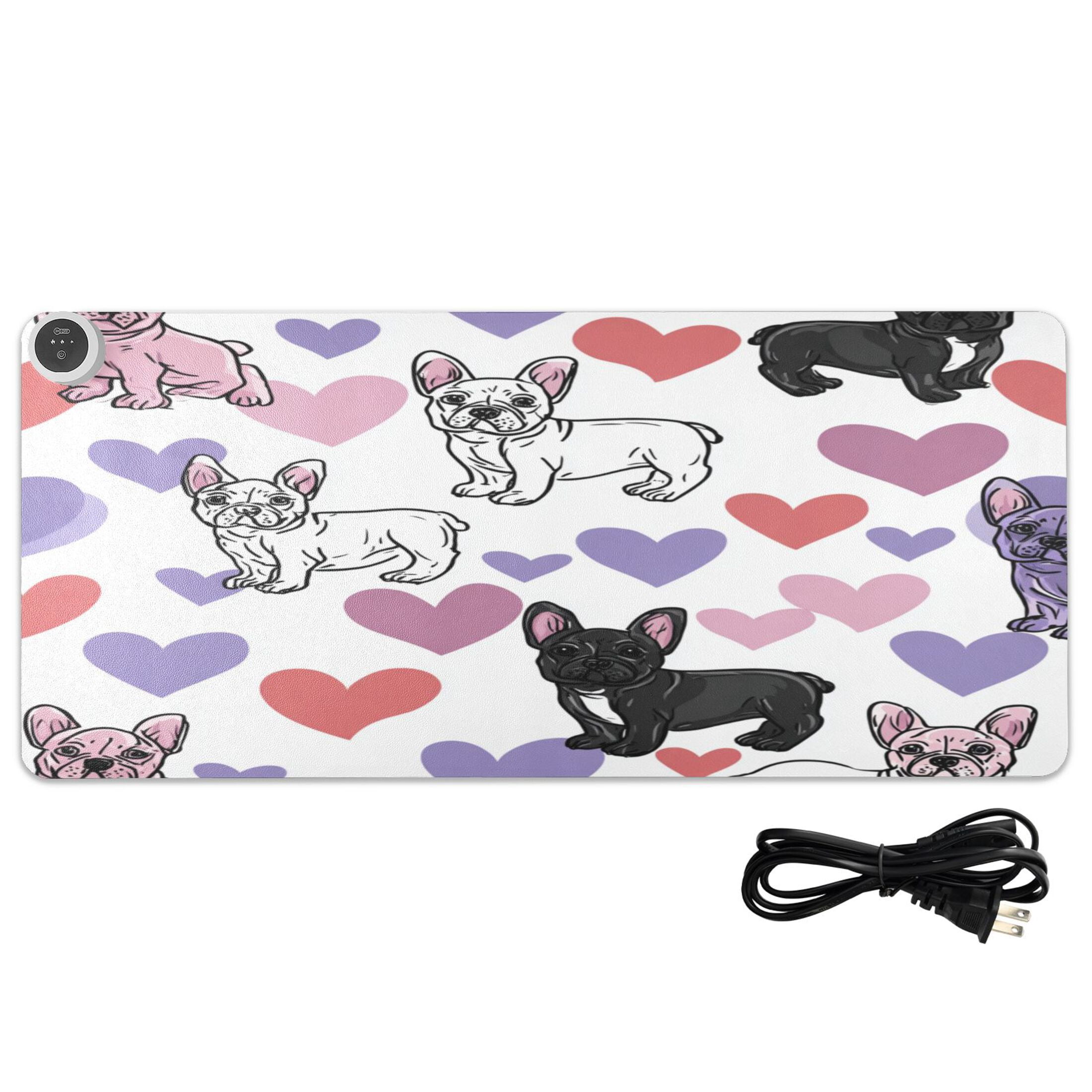 Large Heated Desk Mat Mouse Pad 31.5"x13"PU Leather Graphene Heating Desk Warmer with 3 Temperature Settings 110V US Plug Non-Slip Warm Pad for Home, Office, and Gaming Cute Frenchie Heart Background