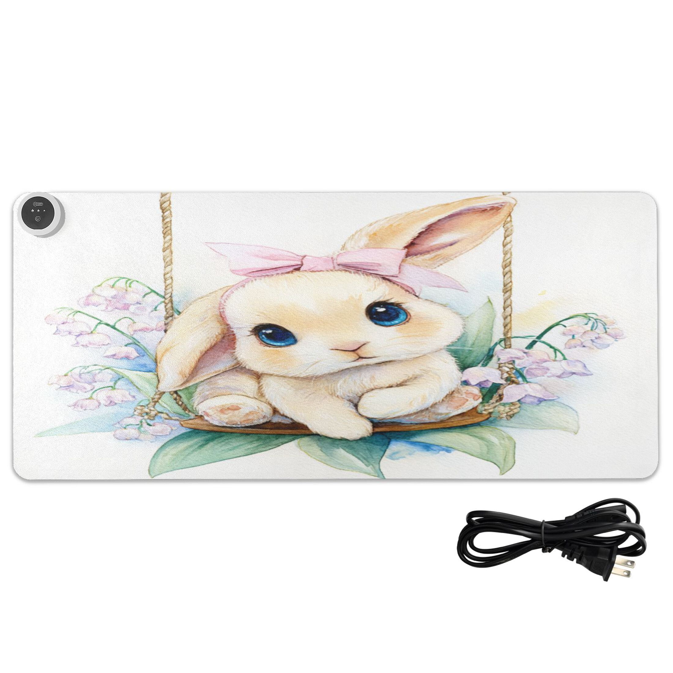 Large Heated Desk Mat Mouse Pad 31.5"x13"PU Leather Graphene Heating Desk Warmer with 3 Temperature Settings 110V US Plug Non-Slip Warm Pad for Home, Office, and Gaming Spring Bunny with Flowers