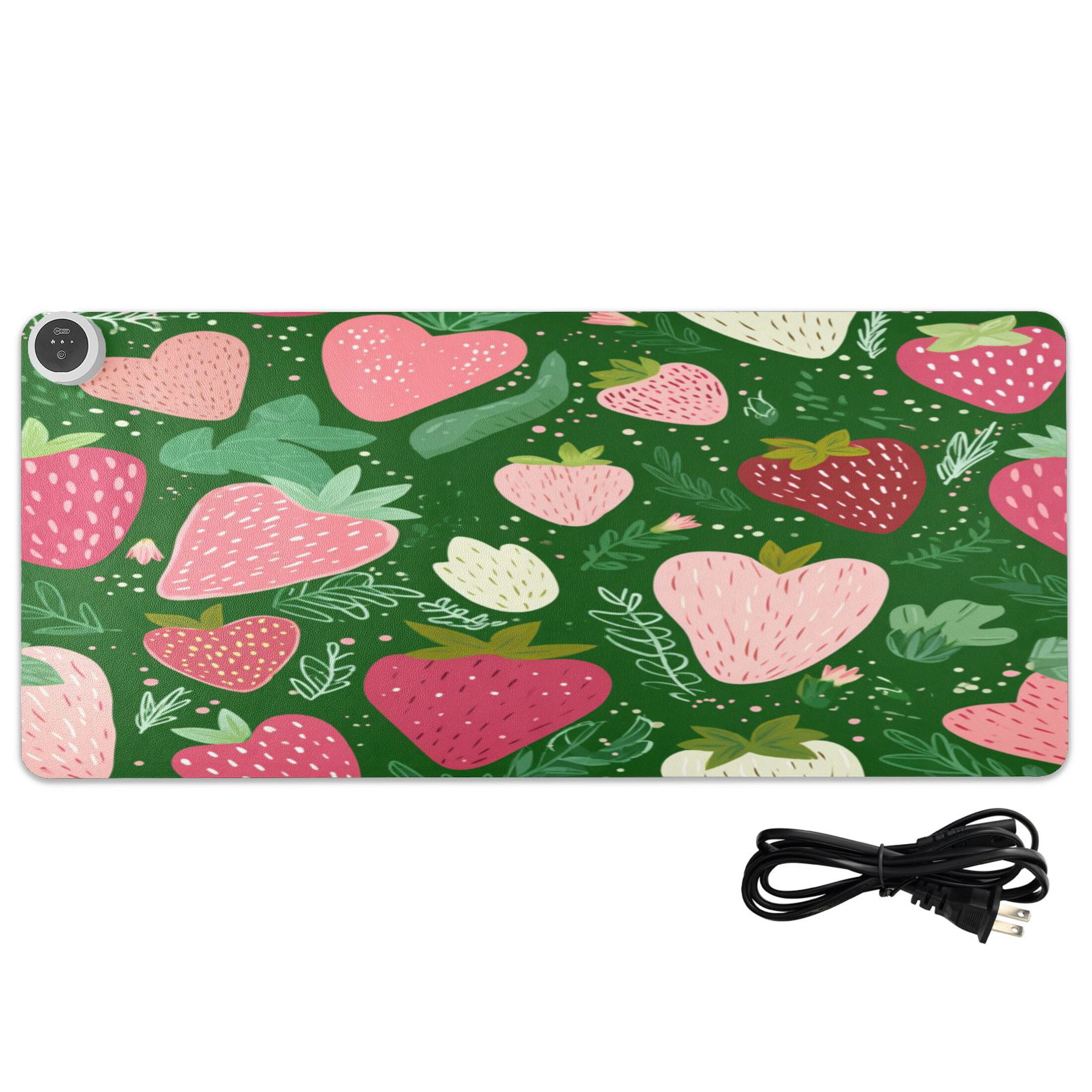 Large Heated Desk Mat Mouse Pad 31.5"x13"PU Leather Graphene Heating Desk Warmer with 3 Temperature Settings 110V US Plug Non-Slip Warm Pad for Home, Office, and Gaming Strawberry Heart Green Floral