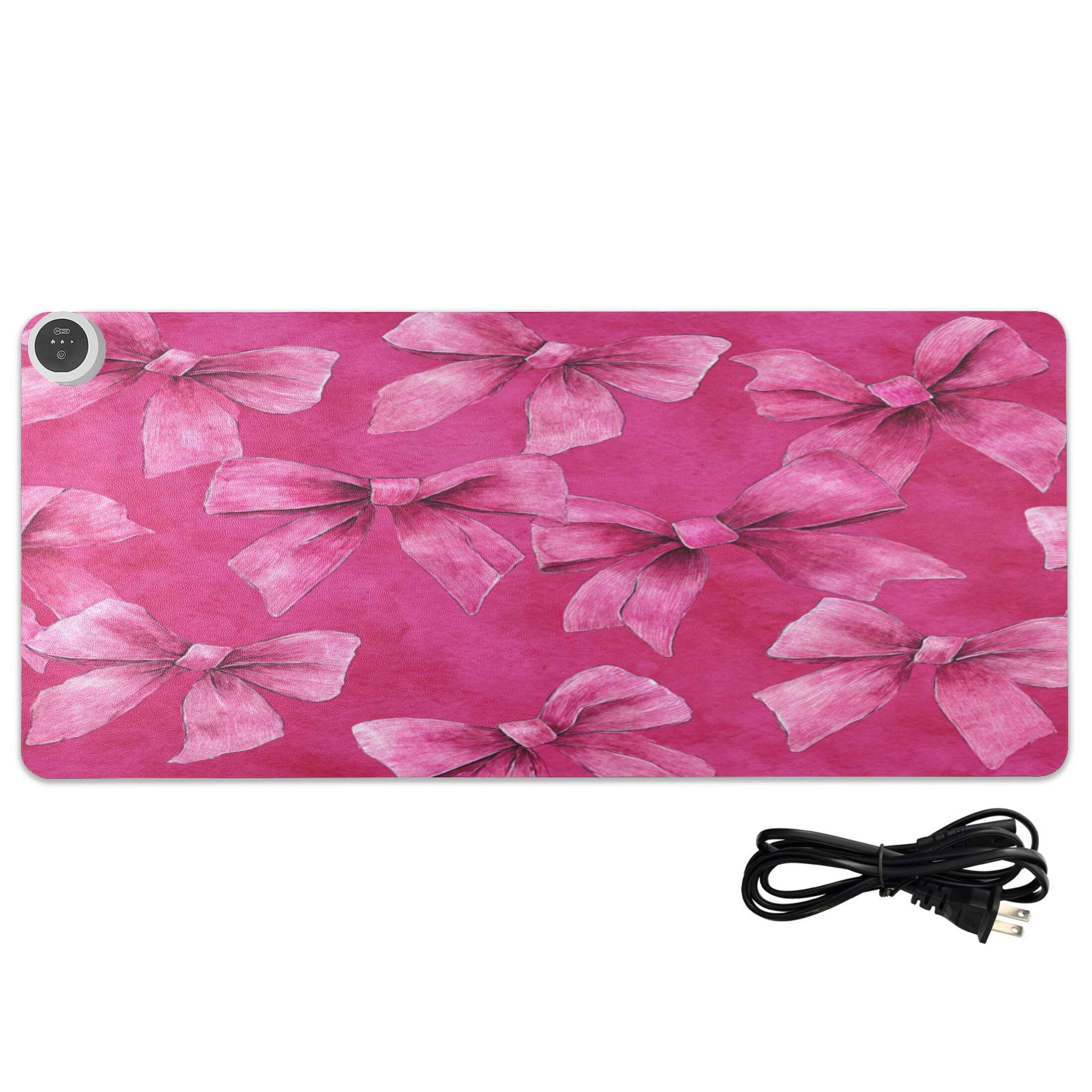 Large Heated Desk Mat Mouse Pad 31.5"x13"PU Leather Graphene Heating Desk Warmer with 3 Temperature Settings 110V US Plug Non-Slip Warm Pad for Home, Office, and Gaming Watercolor Beautiful Pink Bows