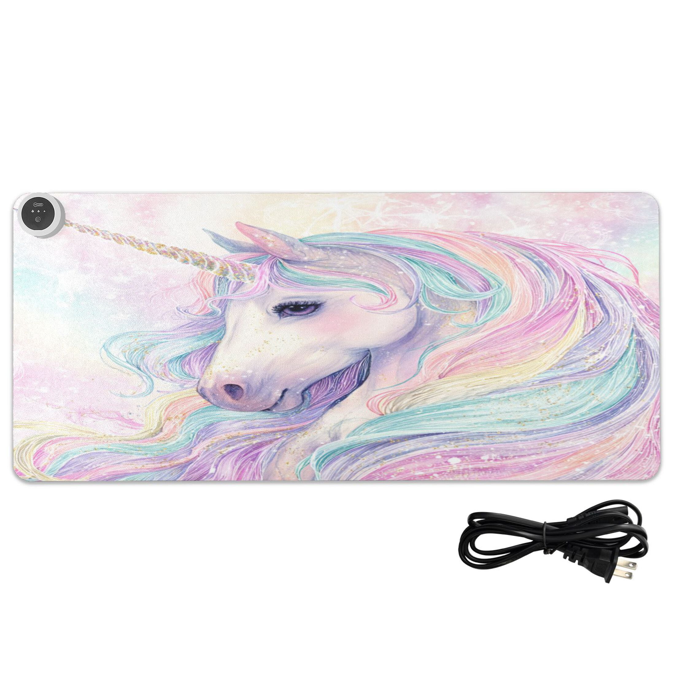 Large Heated Desk Mat Mouse Pad 31.5"x13"PU Leather Graphene Heating Desk Warmer with 3 Temperature Settings 110V US Plug Non-Slip Warm Pad for Home, Office, and Gaming Magical Unicorn Pastel Sky