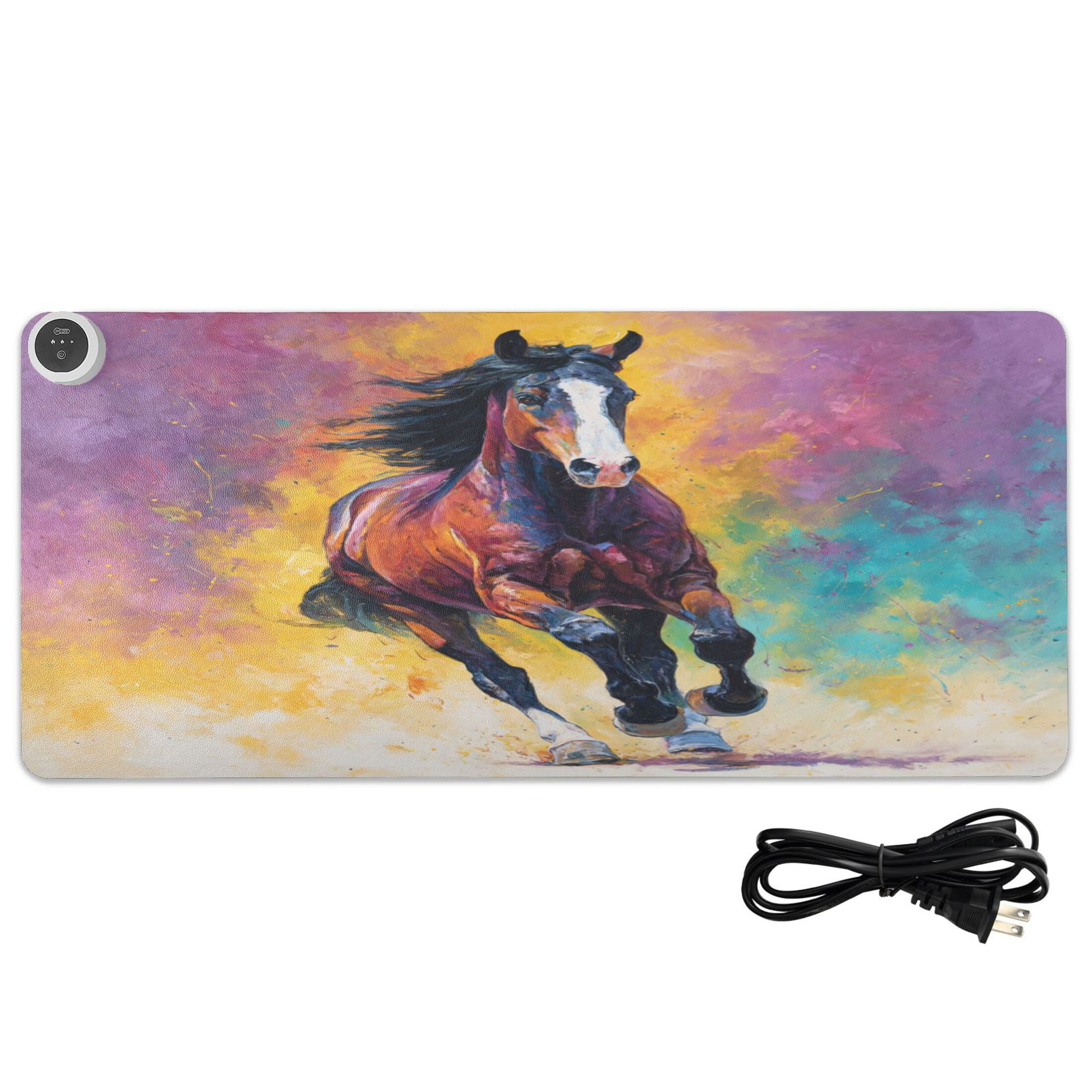 Large Heated Desk Mat Mouse Pad 31.5"x13"PU Leather Graphene Heating Desk Warmer with 3 Temperature Settings 110V US Plug Non-Slip Warm Pad for Home, Office, and Gaming Dynamic Equestrian Art Design