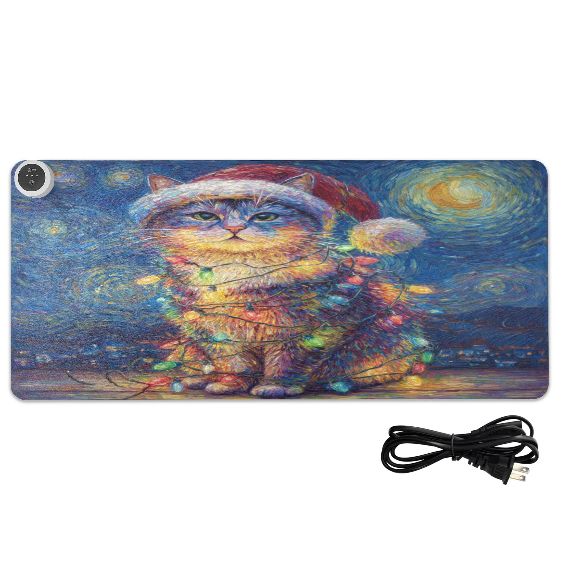 Large Heated Desk Mat Mouse Pad 31.5"x13"PU Leather Graphene Heating Desk Warmer with 3 Temperature Settings 110V US Plug Non-Slip Warm Pad for Home, Office, and Gaming A Cat with Colorful Lights