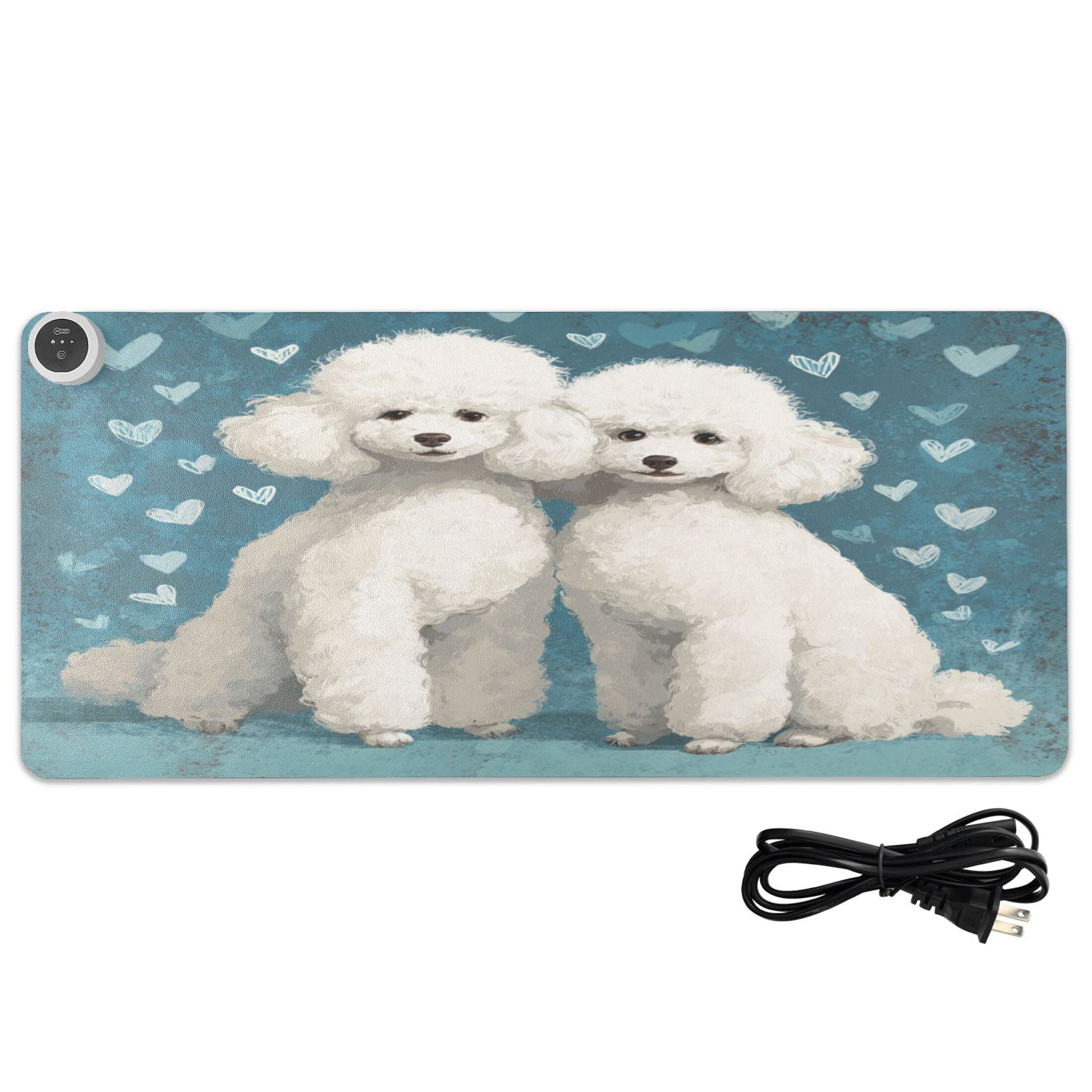 Large Heated Desk Mat Mouse Pad 31.5"x13"PU Leather Graphene Heating Desk Warmer with 3 Temperature Settings 110V US Plug Non-Slip Warm Pad for Home, Office, and Gaming Sweet White Poodle Duo