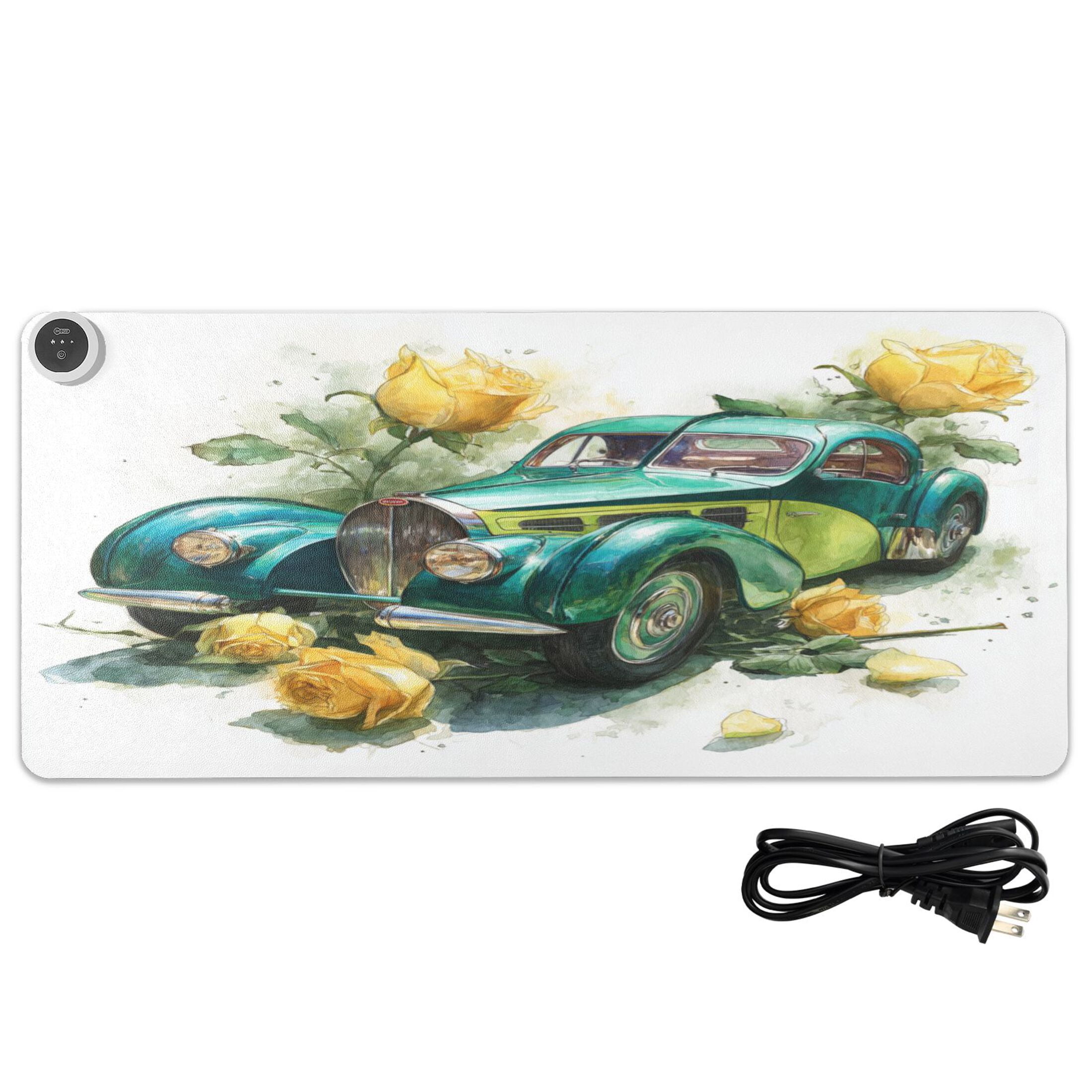 Large Heated Desk Mat Mouse Pad 31.5"x13"PU Leather Graphene Heating Desk Warmer with 3 Temperature Settings 110V US Plug Non-Slip Warm Pad for Home, Office, and Gaming Vintage Bugatti Yellow Roses